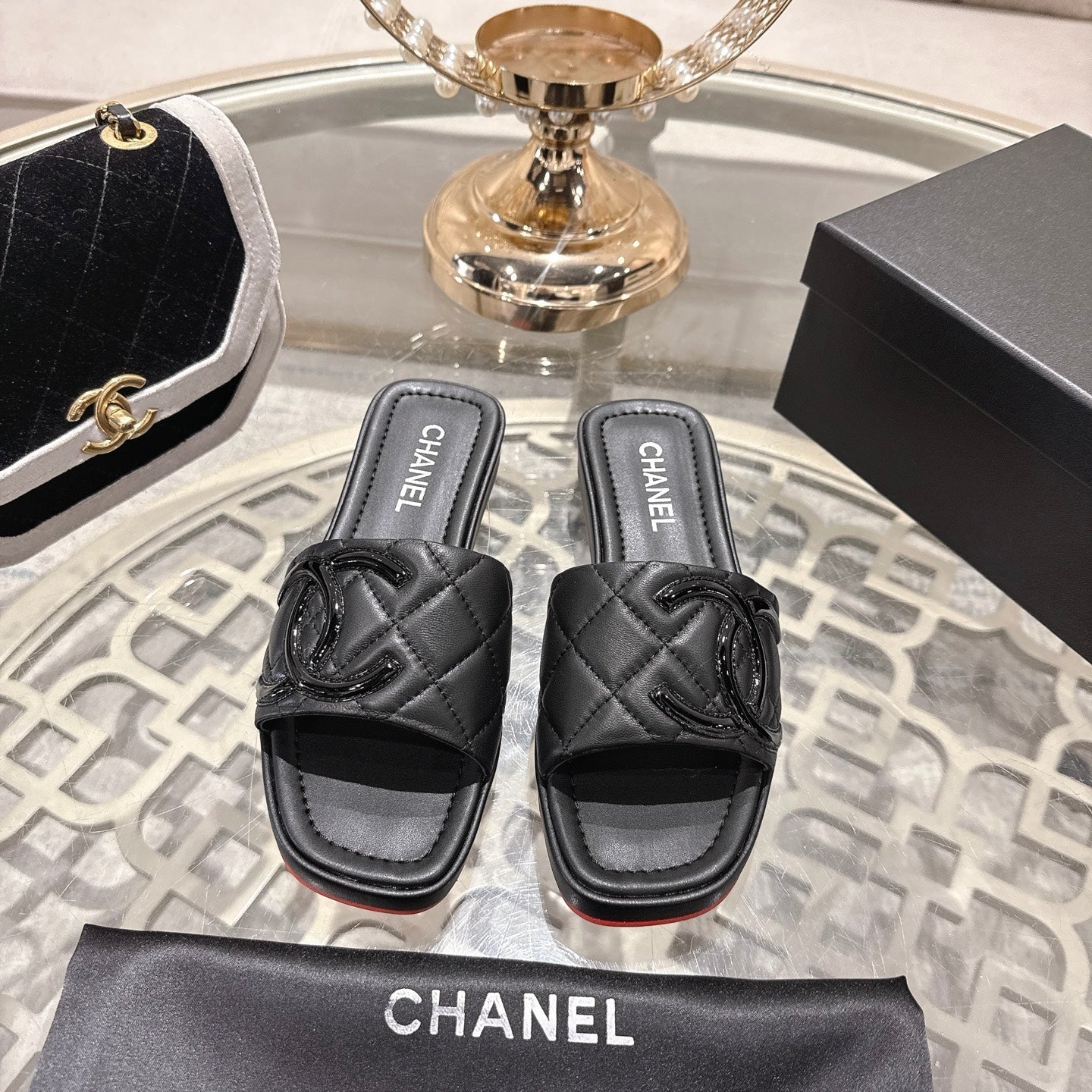 CC 26s Platform Slippers Black Sheepskin 627069