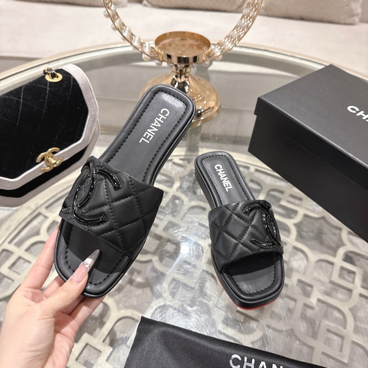 CC 26s Platform Slippers Black Sheepskin 627069