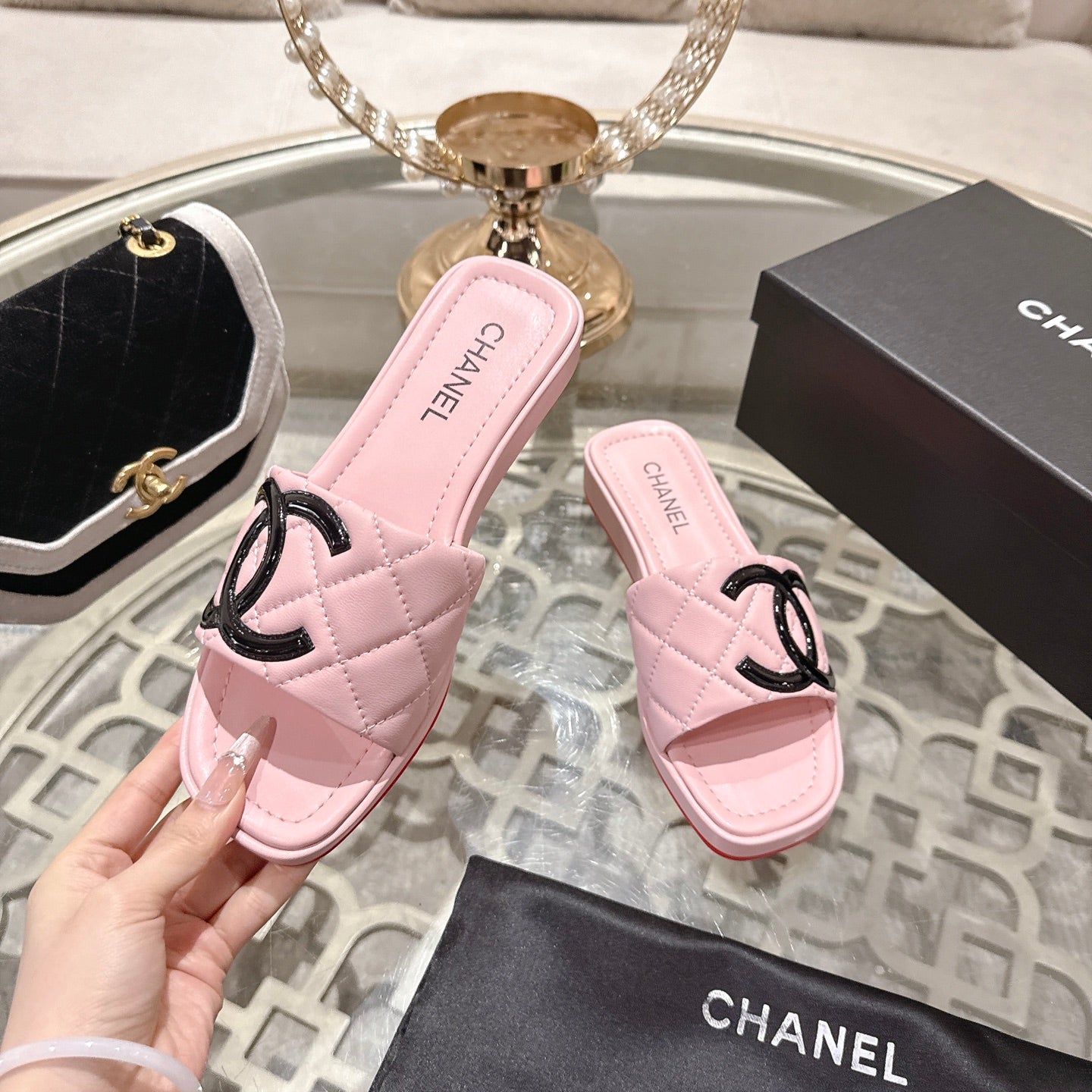 CC 26s Platform Slippers Pink Black Sheepskin 627071