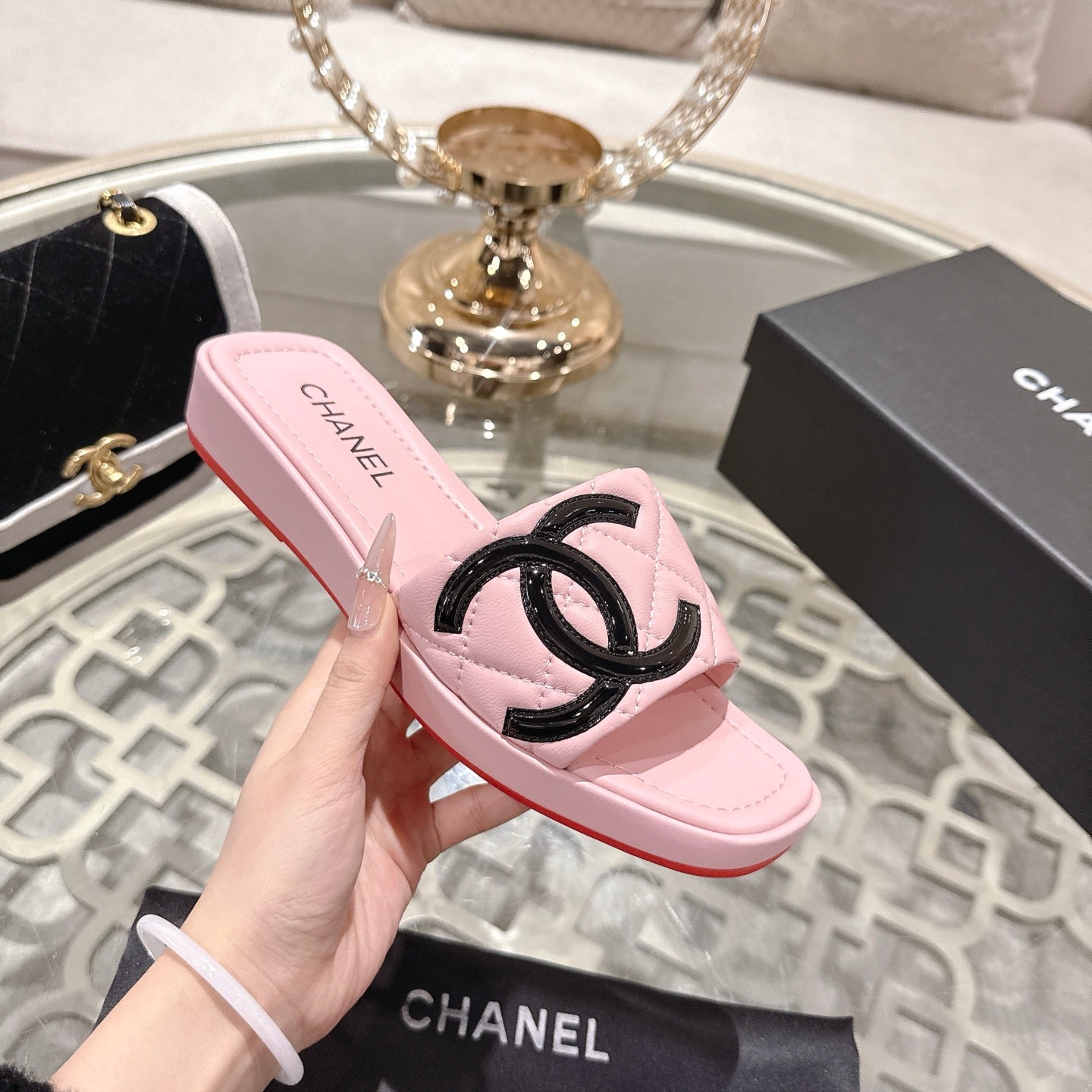 CC 26s Platform Slippers Pink Black Sheepskin 627071