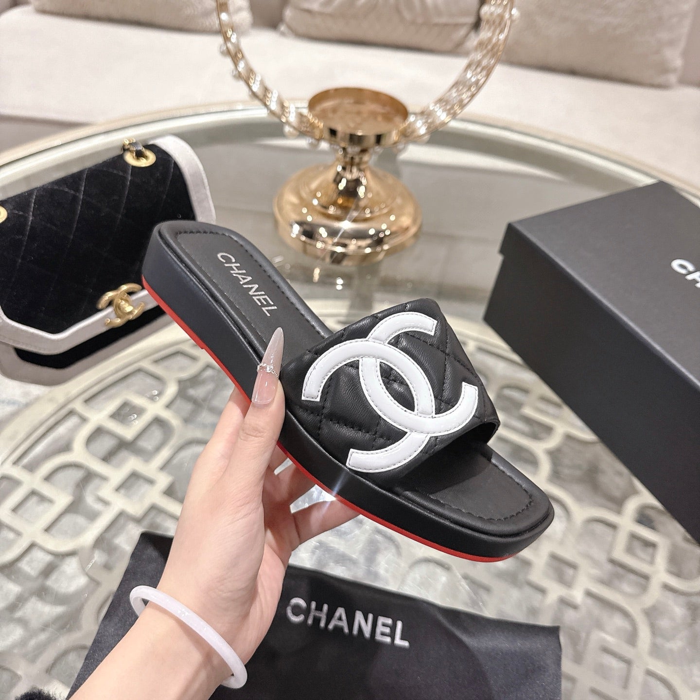 CC 26s Platform Slippers Black White Sheepskin 627072