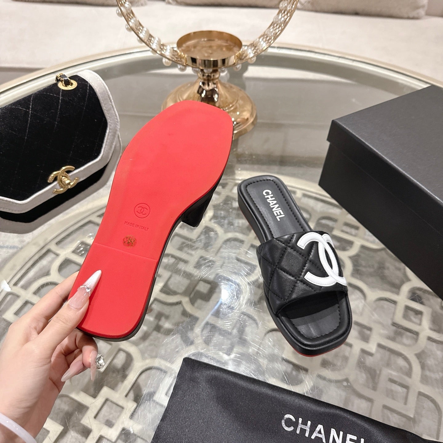 CC 26s Platform Slippers Black White Sheepskin 627072