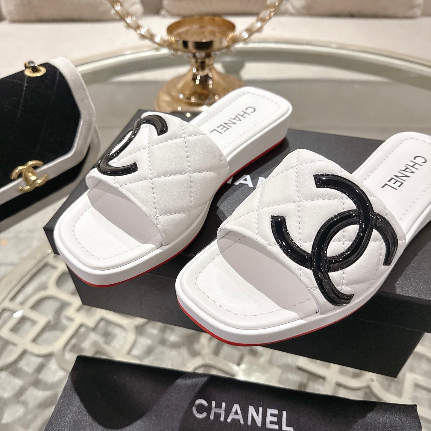 CC 26s Platform Slippers White Black  Sheepskin 627073