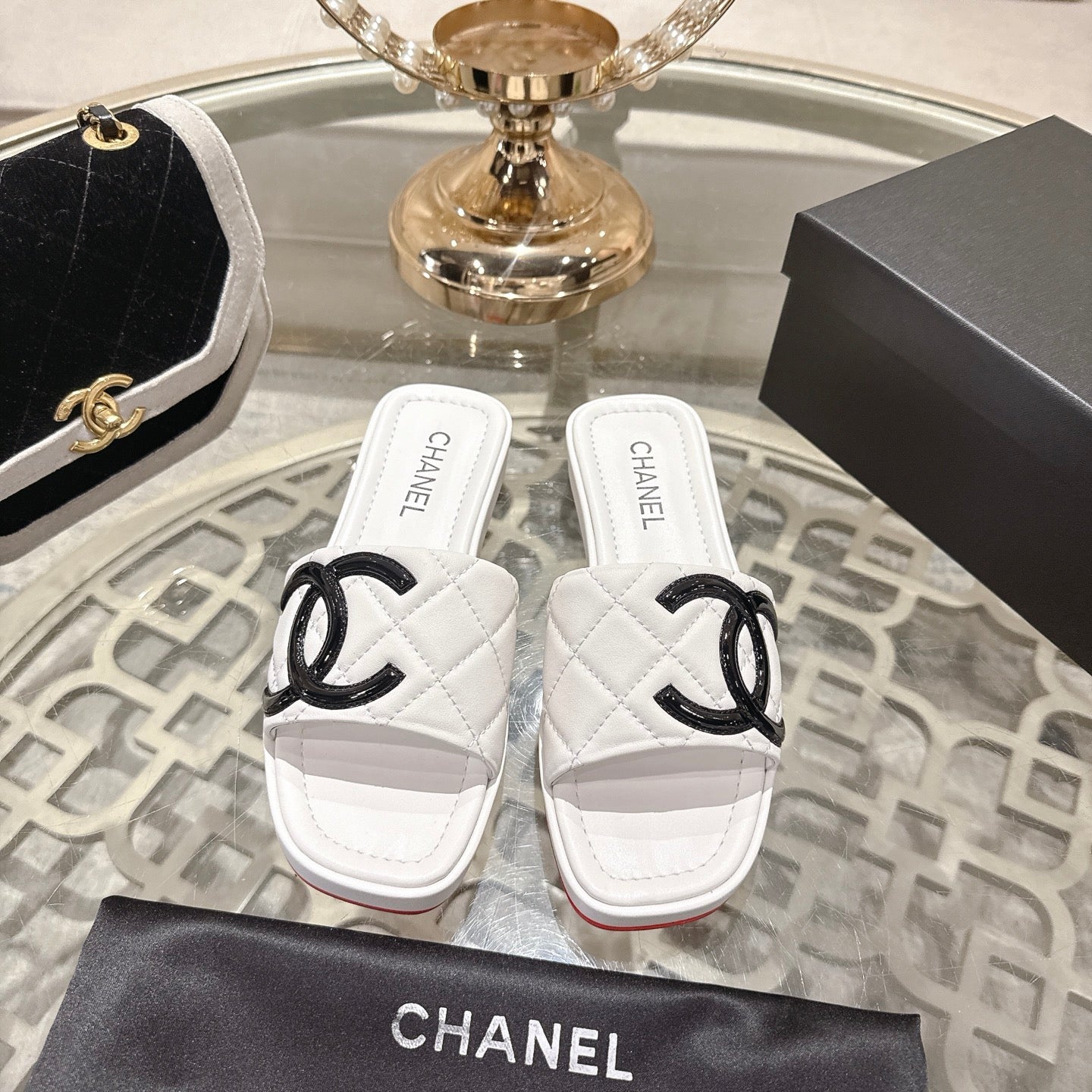 CC 26s Platform Slippers White Black  Sheepskin 627073