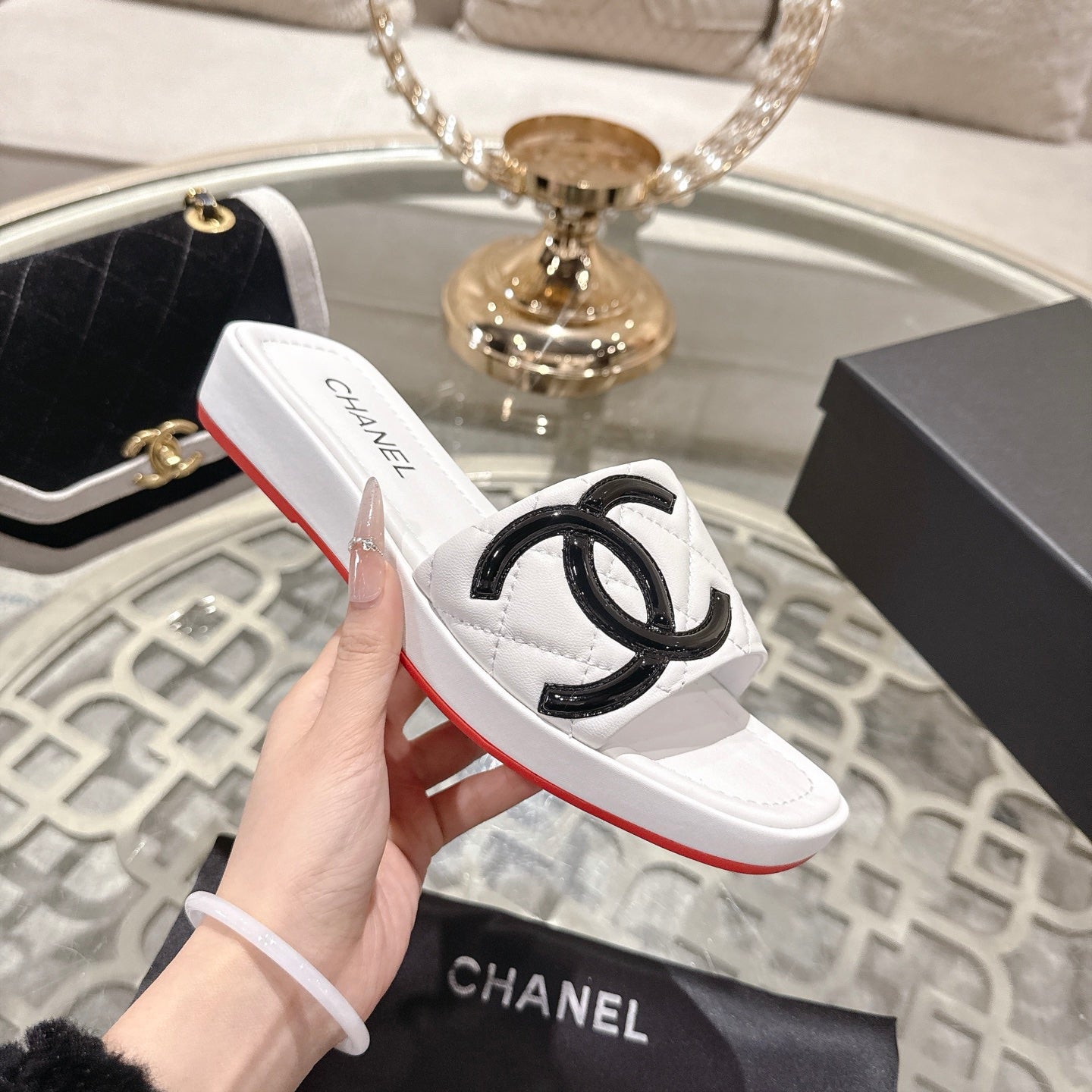 CC 26s Platform Slippers White Black  Sheepskin 627073