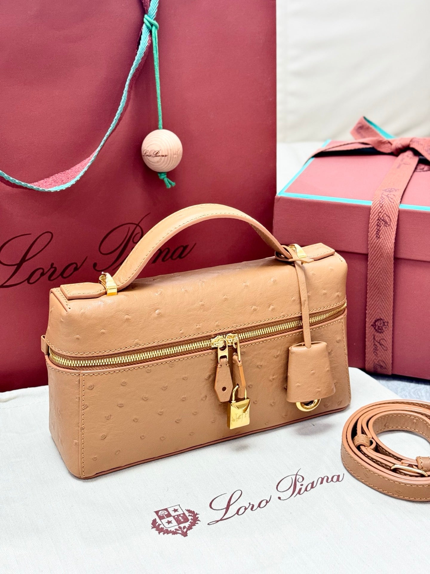 LP 2026 Extra Bag L23 Brown Ostrich Leather With Gold Hardware