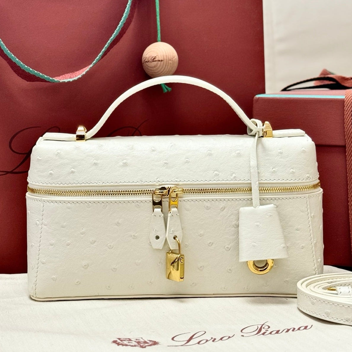LP 2026 Extra Bag L23 White Ostrich Leather With Gold Hardware
