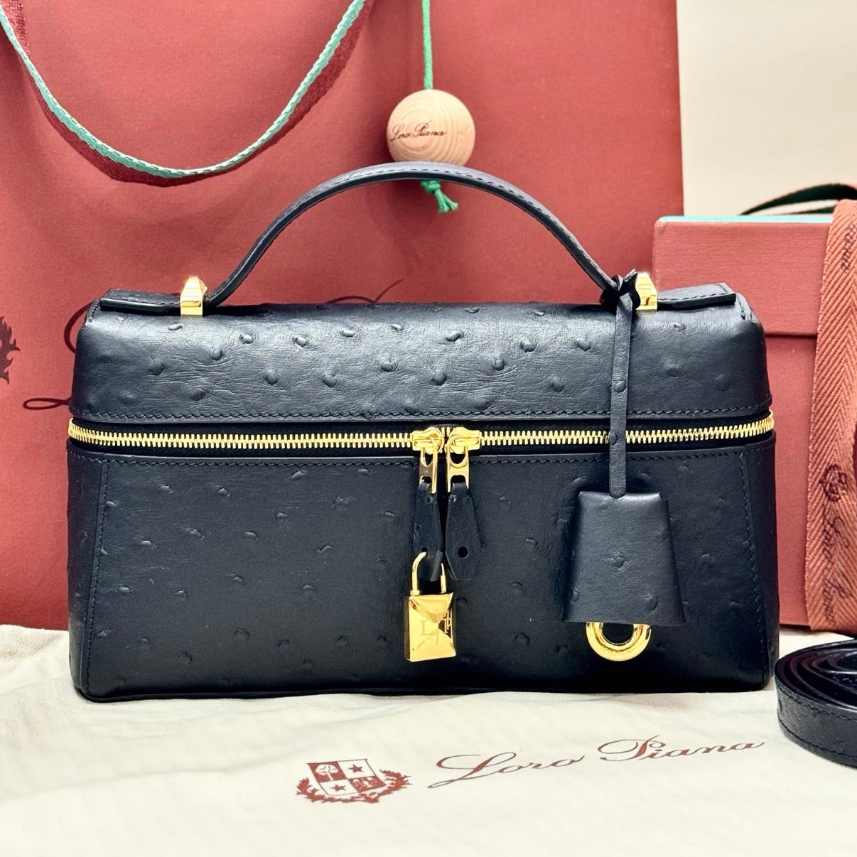 LP 2026 Extra Bag L23 Black Ostrich Leather With Gold Hardware