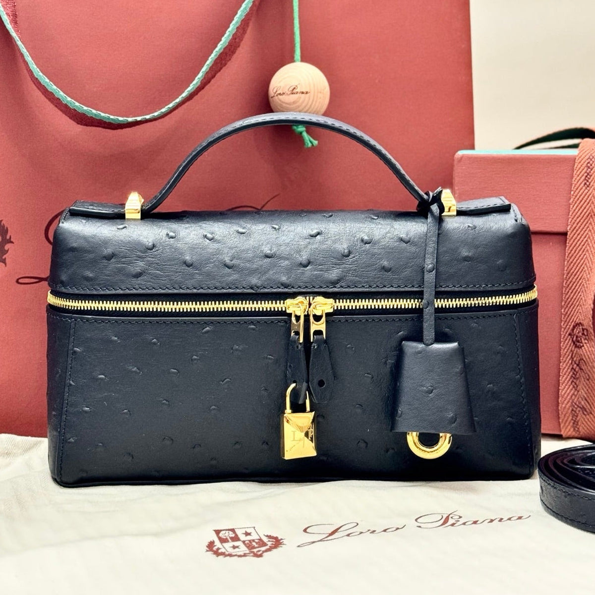LP 2026 Extra Bag L23 Black Ostrich Leather With Gold Hardware