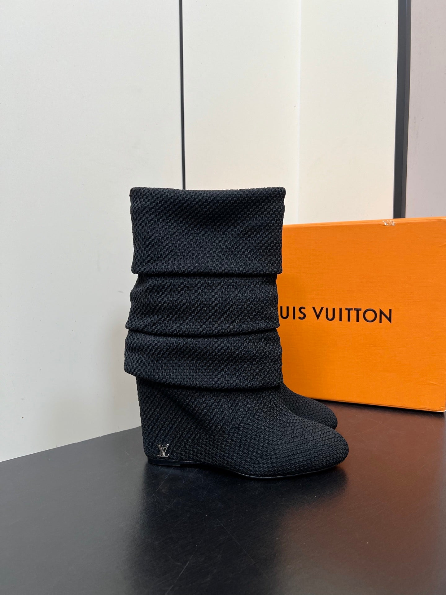 LV 26s Mid-Calf Boots 110 Black Knit Fabric 619404