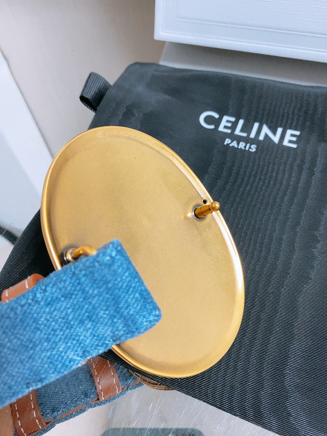 Celine 2026 Maison Oval Buckle Belt 25mm Blue Canvas Leather