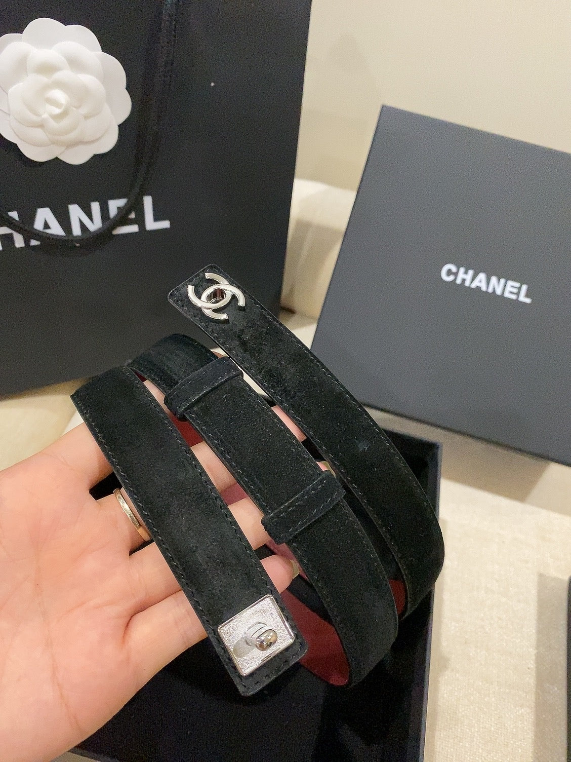 Chanel 2026 Double C Belt 25mm Suede Leather 215395