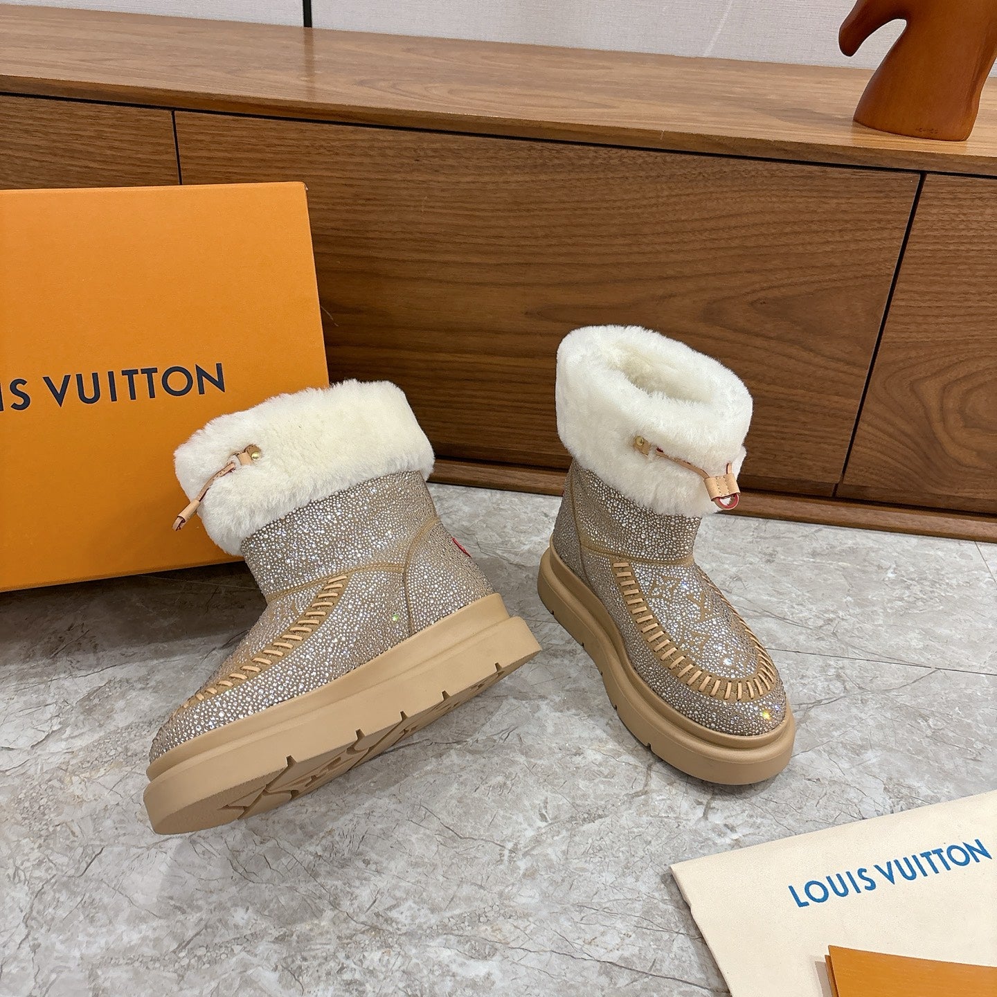 LV 2026 Cortina Ankle Boot Silver Beige White Silver Sequin Wool 594926