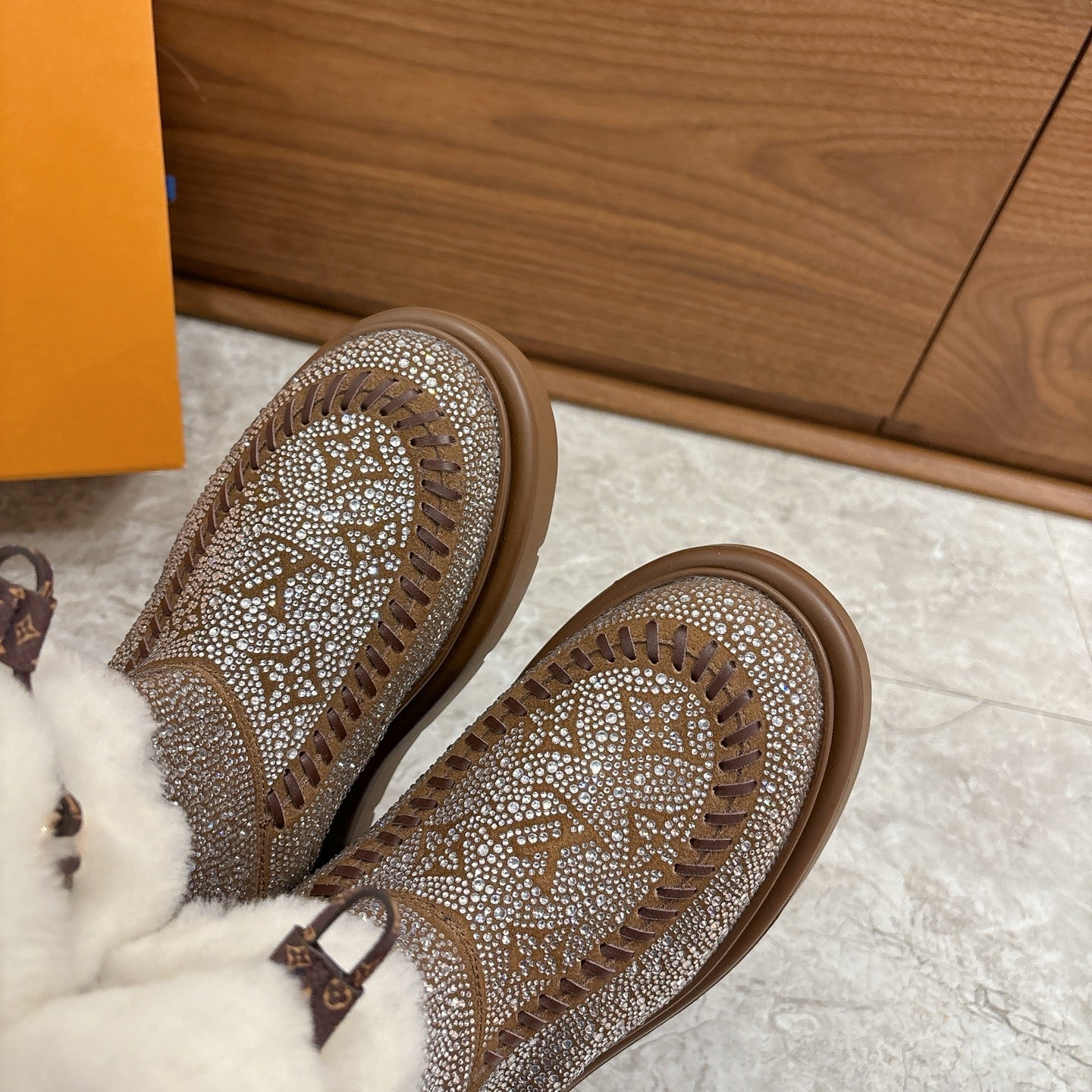 LV 2026 Cortina Ankle Boot Silver Brown White Silver Sequin Wool 594927