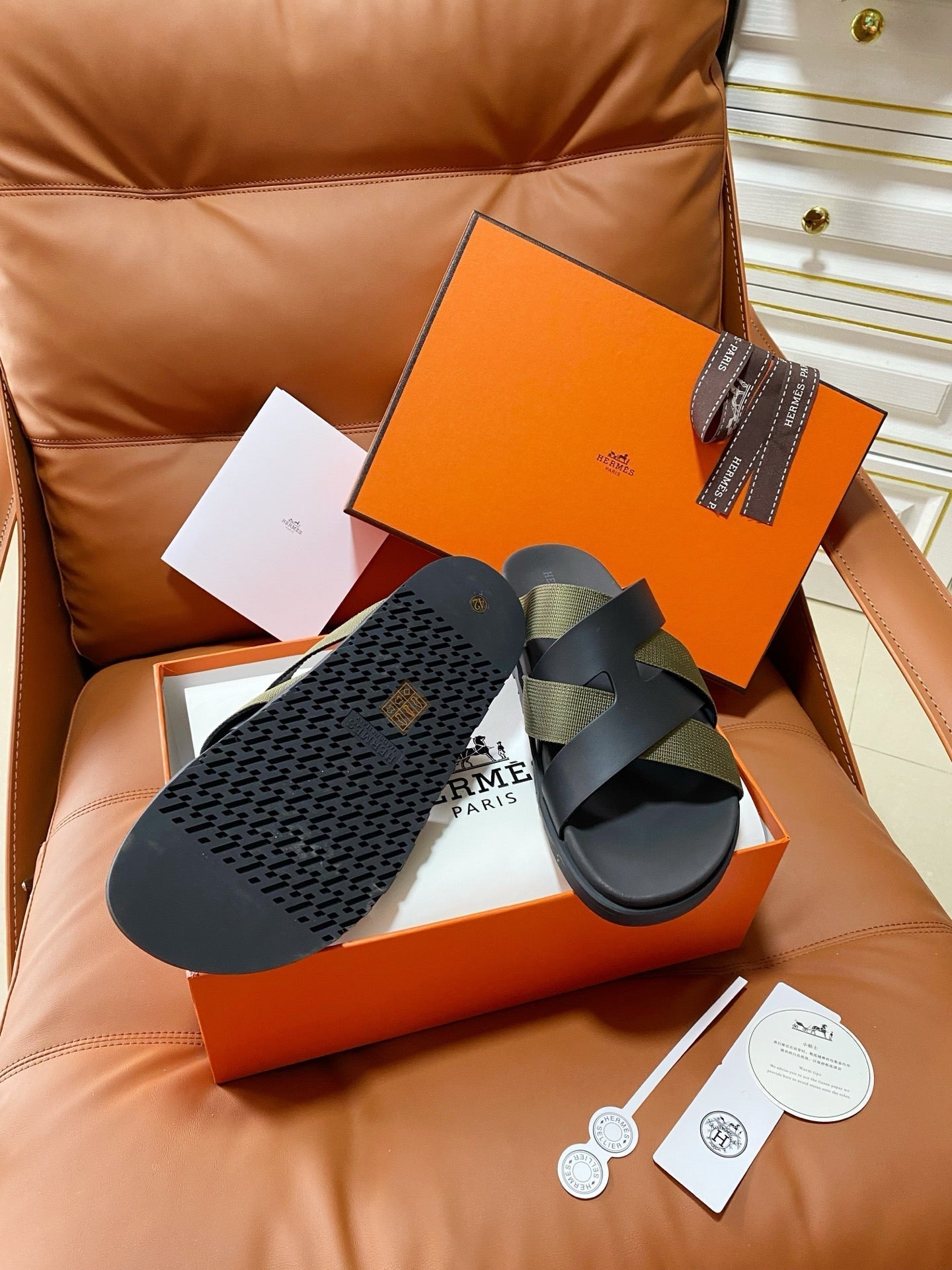 HM 2026 Cross Sandals Black Green Calfskin 667283