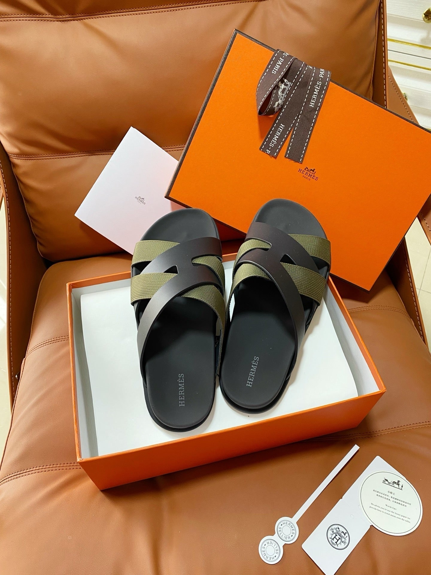 HM 2026 Cross Sandals Black Green Calfskin 667283
