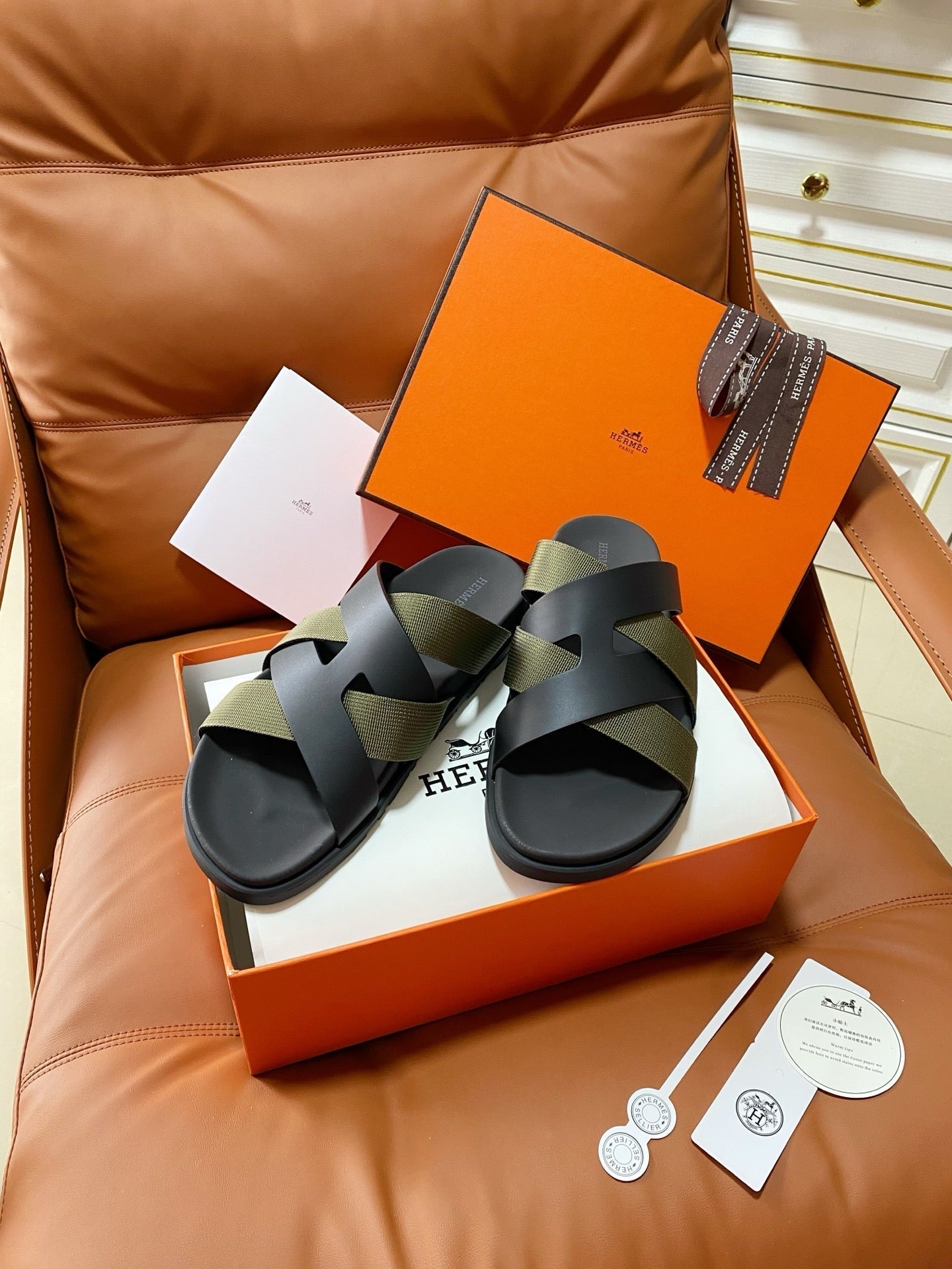 HM 2026 Cross Sandals Black Green Calfskin 667283