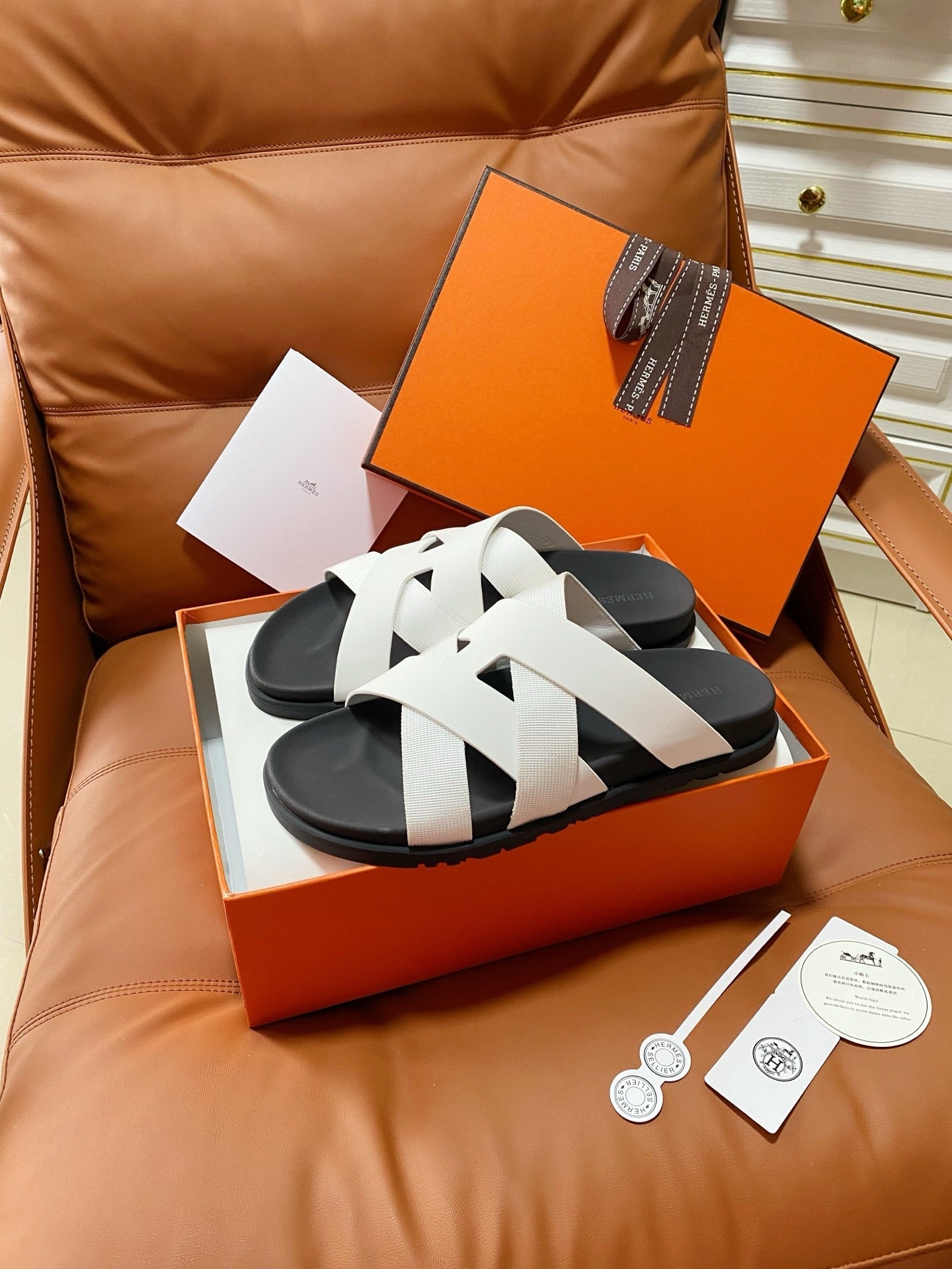 HM 2026 Cross Sandals White Canvas Calfskin 667285