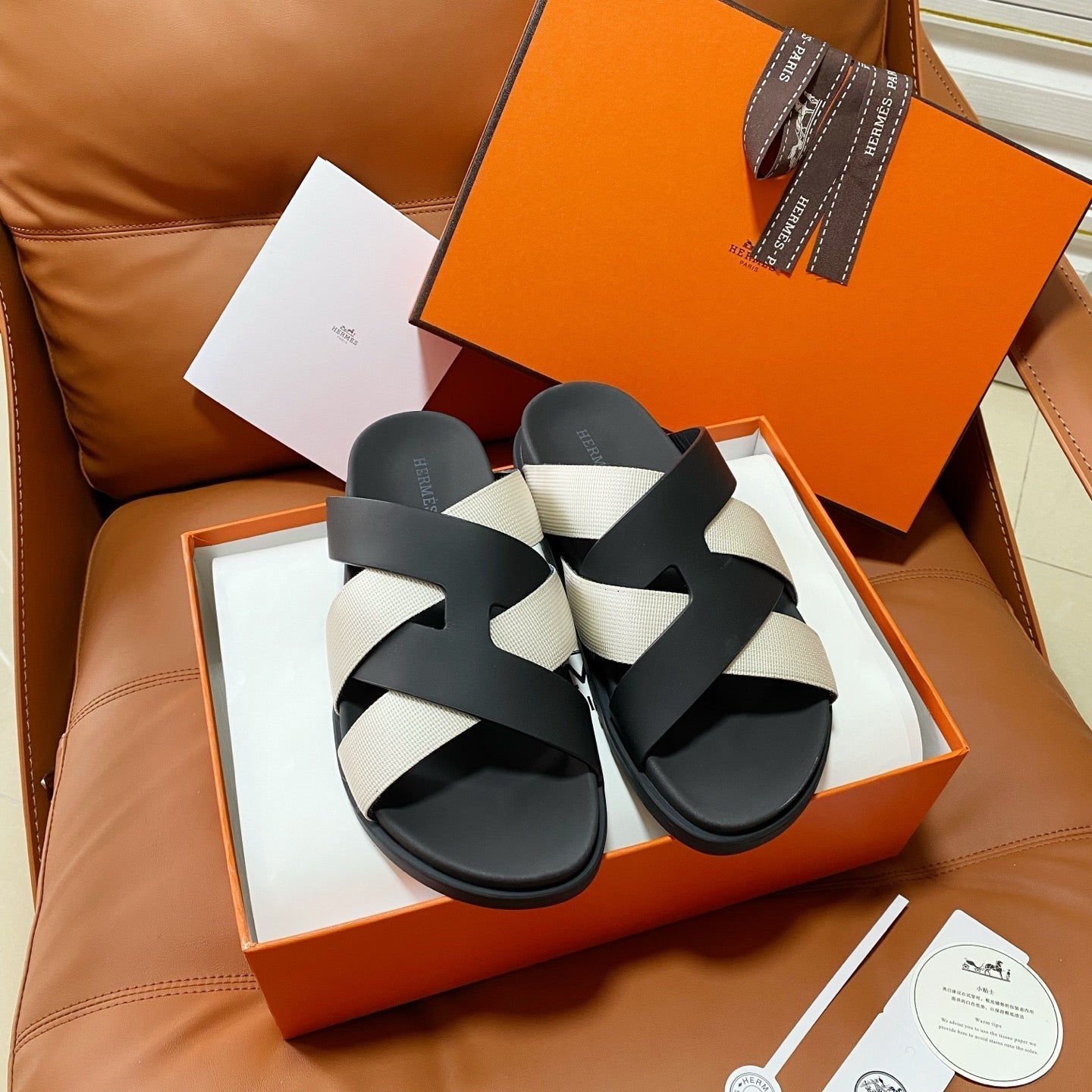 HM 2026 Cross Sandals Black White Canvas Calfskin 667286