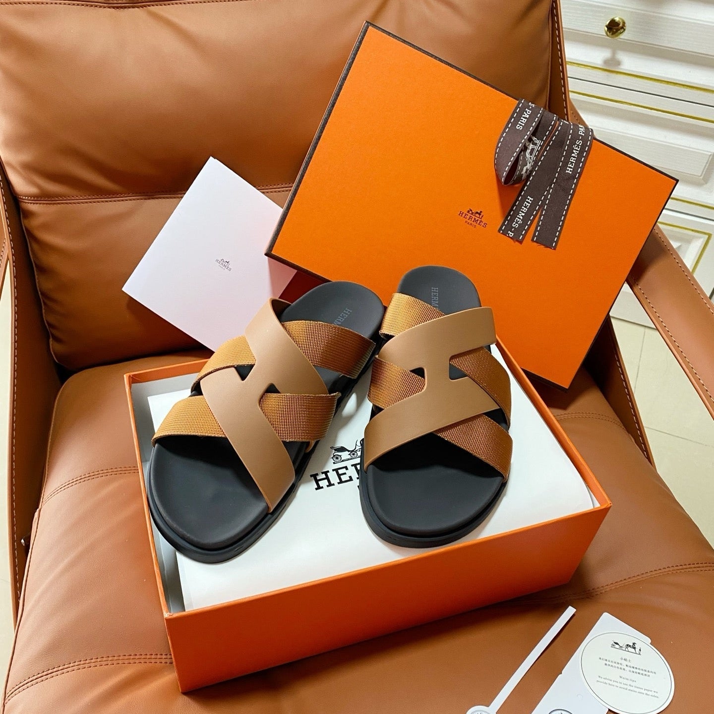 HM 2026 Cross Sandals Black Camel Brown Canvas Calfskin 667289