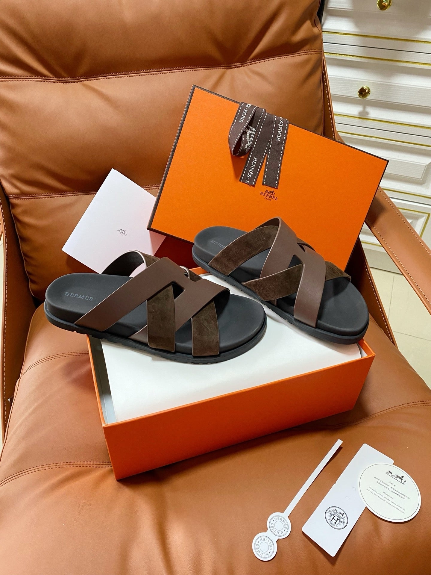 HM 2026 Cross Sandals Black Brown Suede Calfskin 667293