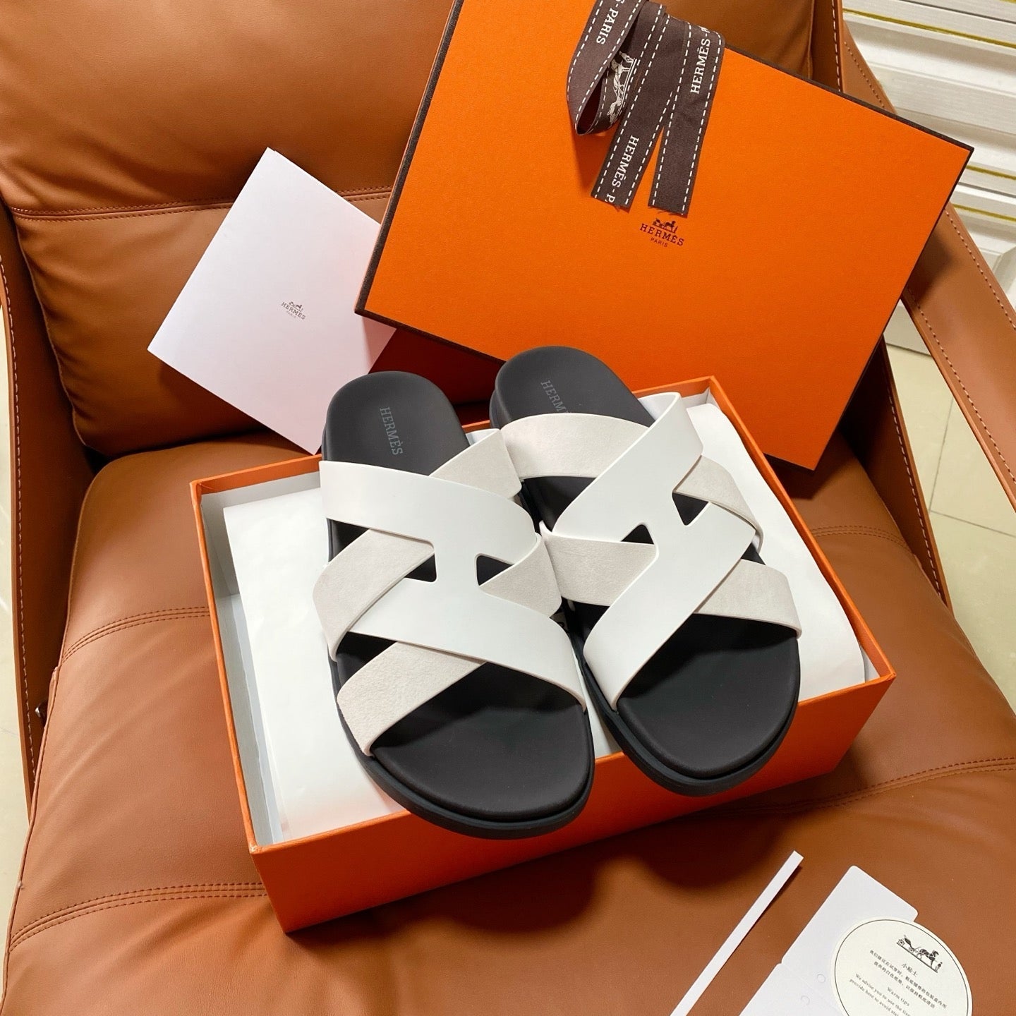 HM 2026 Cross Sandals Black White Suede Calfskin 667294