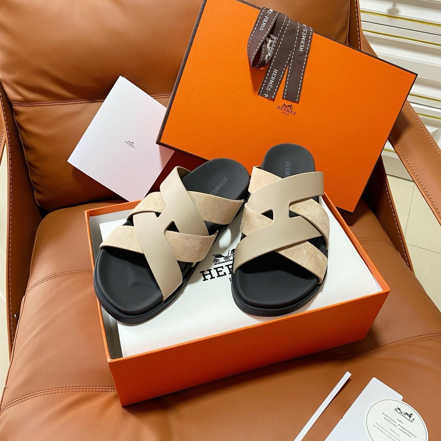 HM 2026 Cross Sandals Black Beige Suede Calfskin 667295