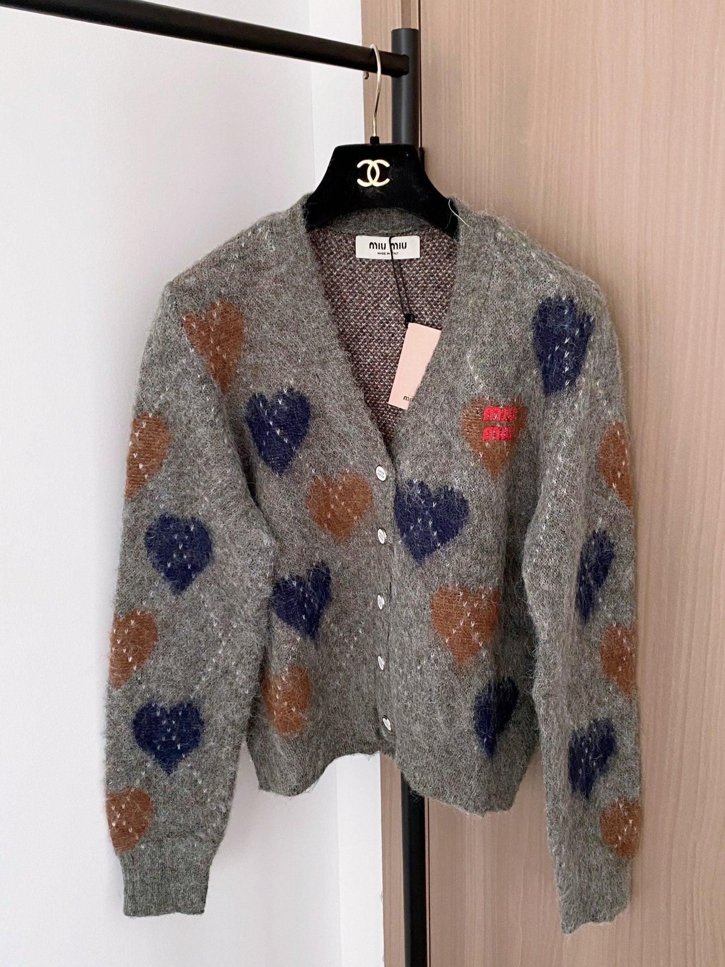 Miumiu 2025 Heart Cardigan Gray mix Colors Wool