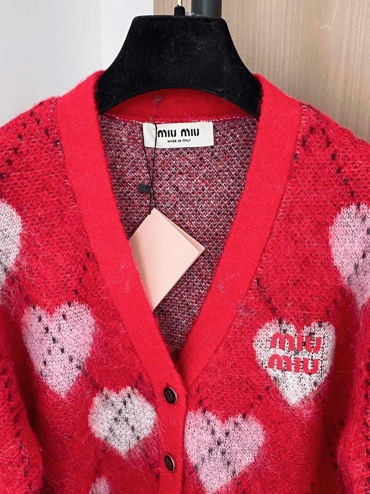 Miumiu 2025 Heart Cardigan Red mix White Wool