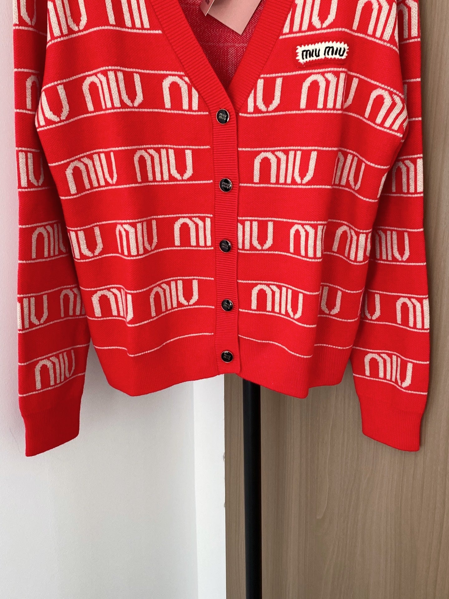 Miumiu 2025 V-neck Cardigan Red mix White Wool