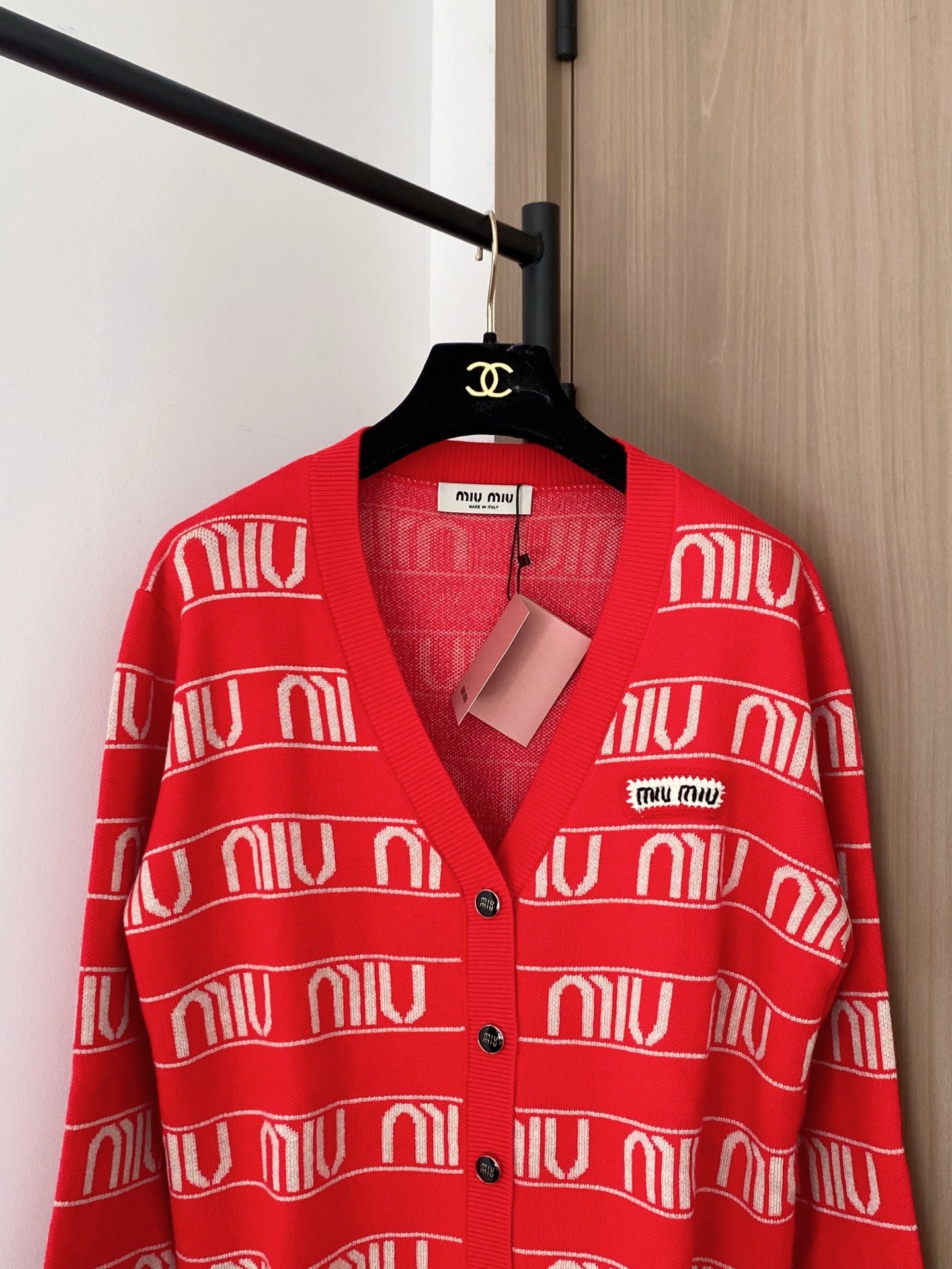 Miumiu 2025 V-neck Cardigan Red mix White Wool