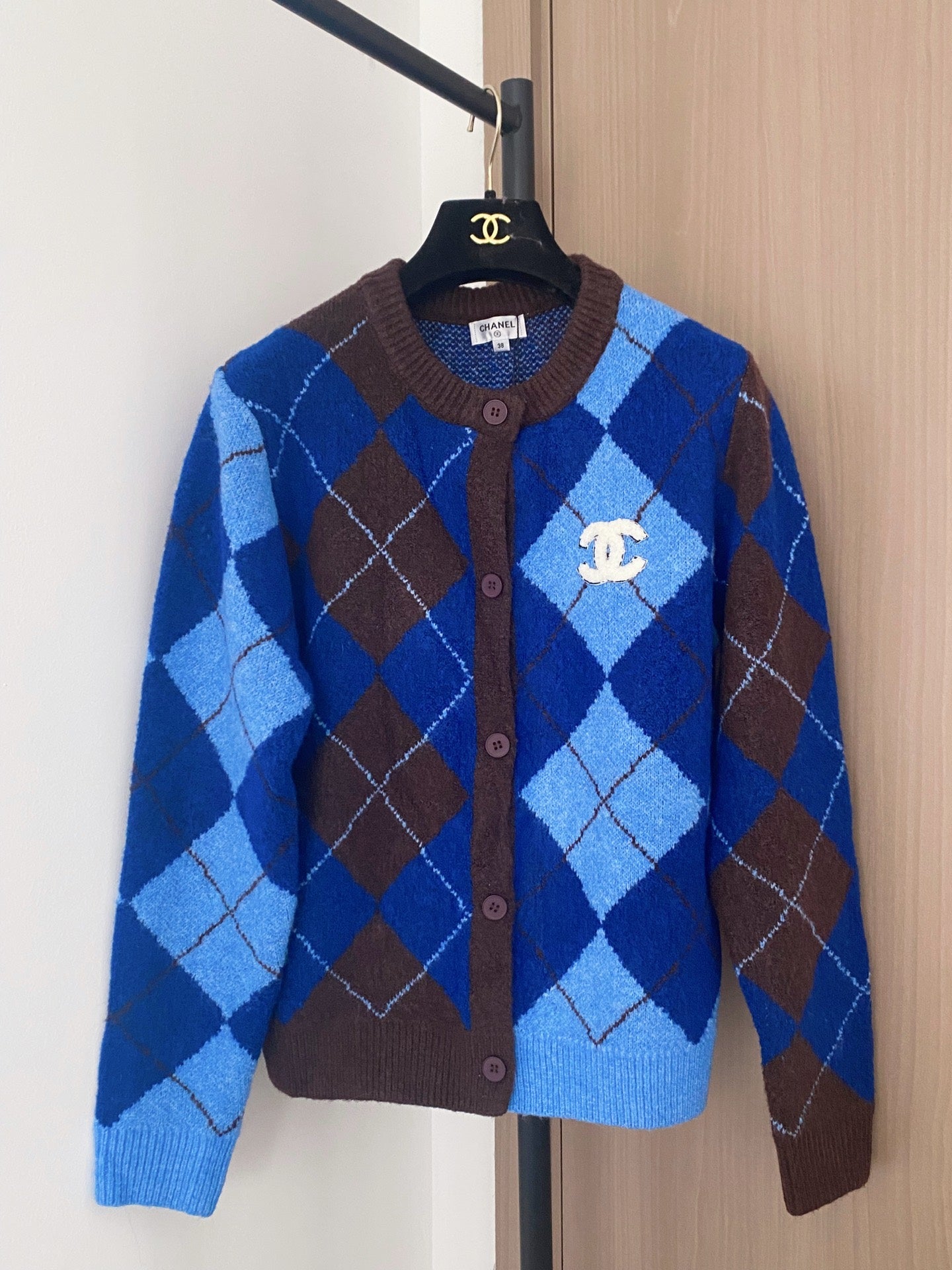 Chanel 2025 Plaid Cardigan Blue mix Brown Wool Cashmere 99240