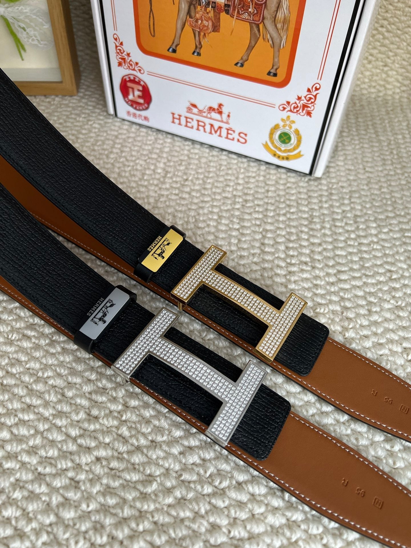 HM Belt 38mm Black Brown Cowhide Sliver Diamond Buckle 618967