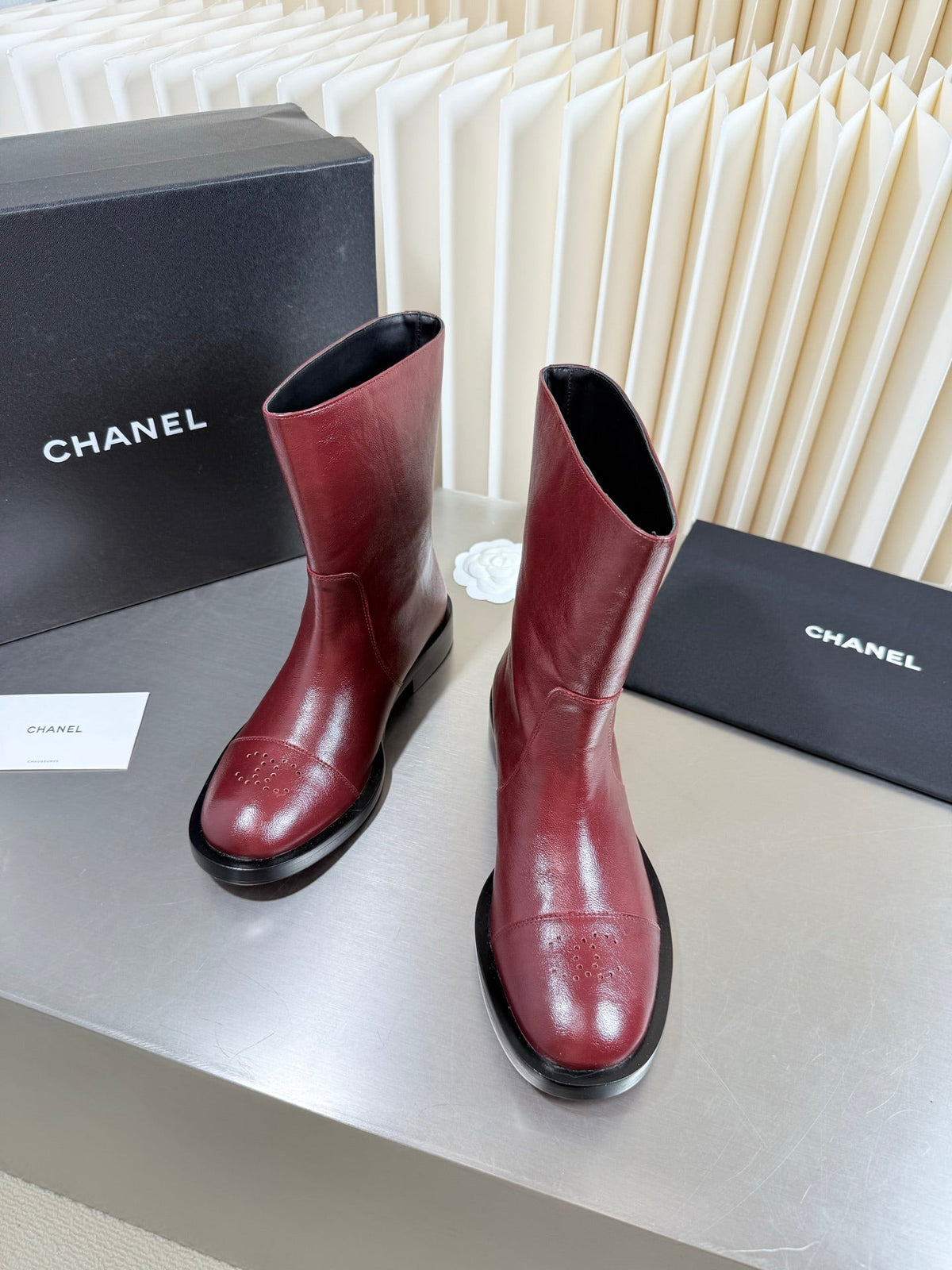 Chanel 2026 Perforated Toe Boots Burgundy Patent Leather 123448