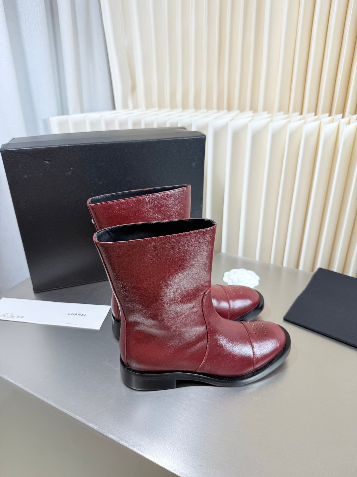 Chanel 2026 Perforated Toe Boots Burgundy Patent Leather 123448