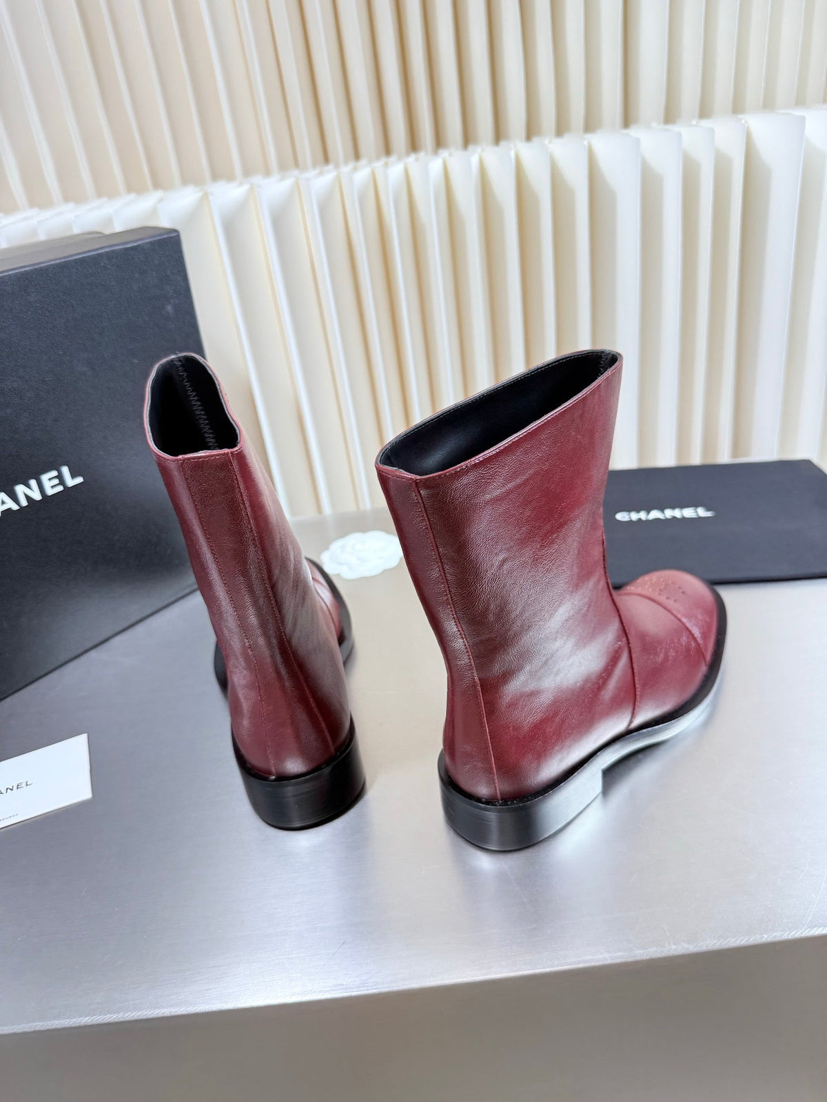 Chanel 2026 Perforated Toe Boots Burgundy Patent Leather 123448