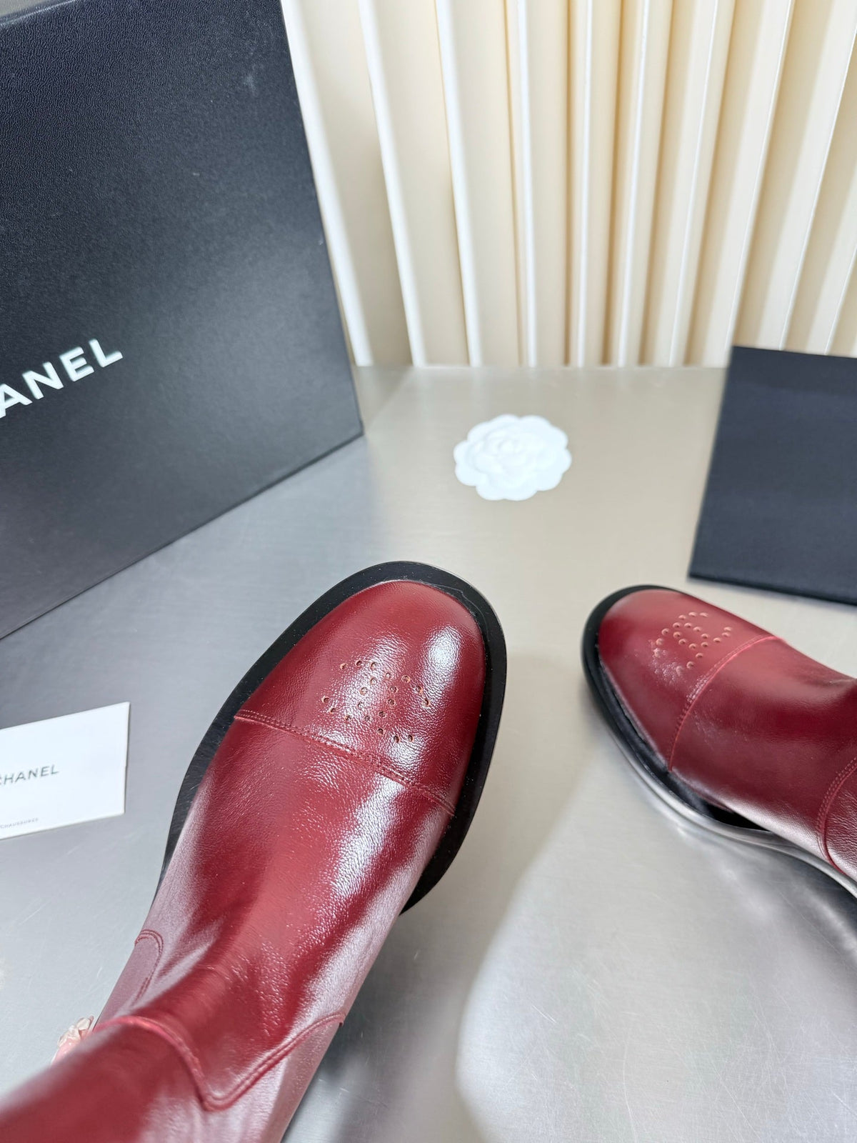 Chanel 2026 Perforated Toe Boots Burgundy Patent Leather 123448