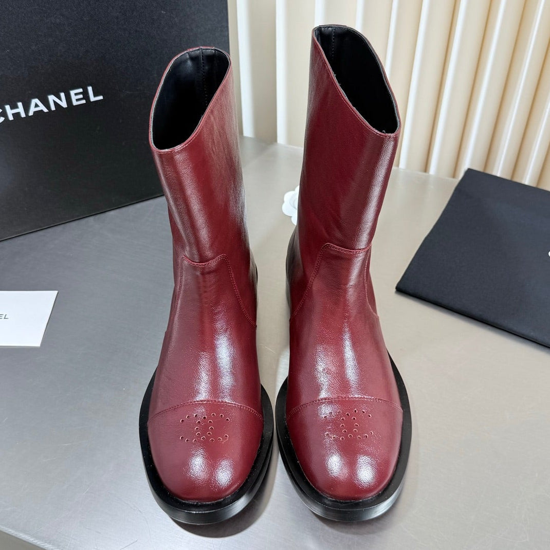 Chanel 2026 Perforated Toe Boots Burgundy Patent Leather 123448