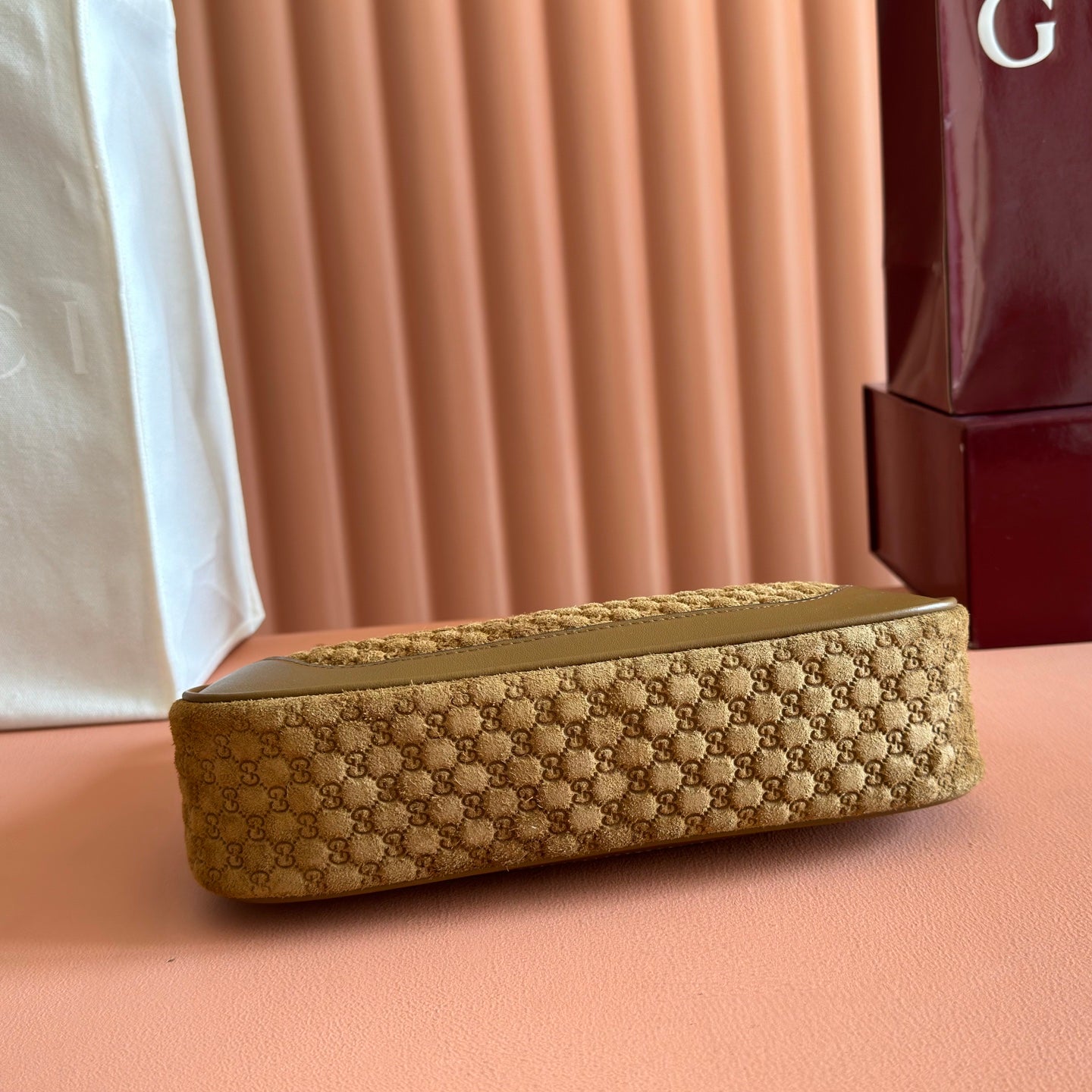 Gucci 2026 B Shoulder Bag 25cm Brown Gold Suede Leather