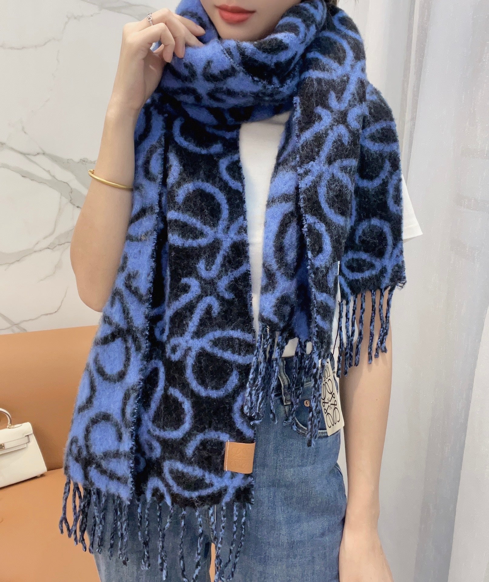 Loewe Scarf 180CM  Dark Blue Black Wool Cashmere 968583
