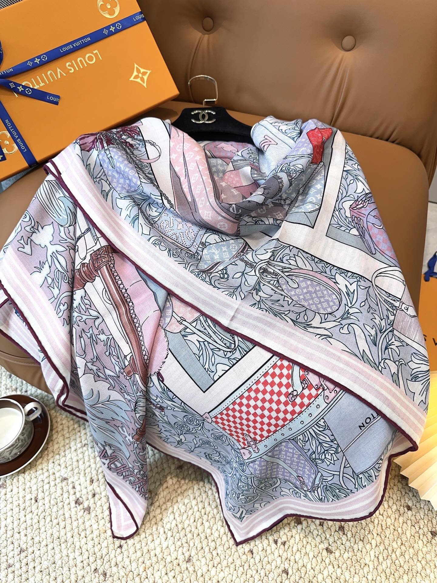 LV Monogram Scarf 135cm Purple Blue Silk Cashmere 967278