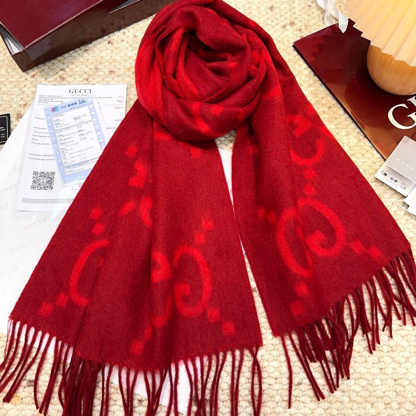 GG Double G Jacquard Scarf 200CM  Red Wool 282789
