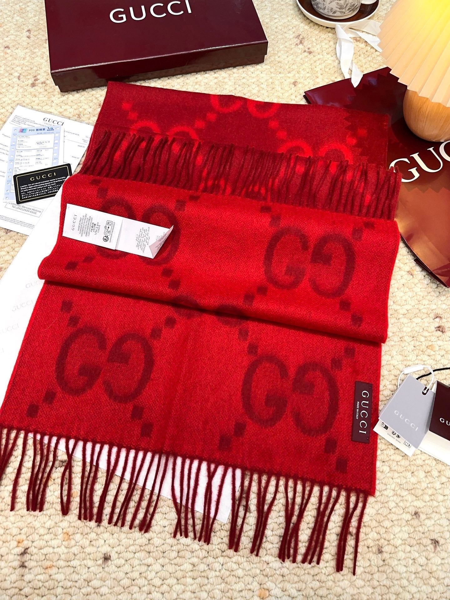 GG Double G Jacquard Scarf 200CM  Red Wool 282789