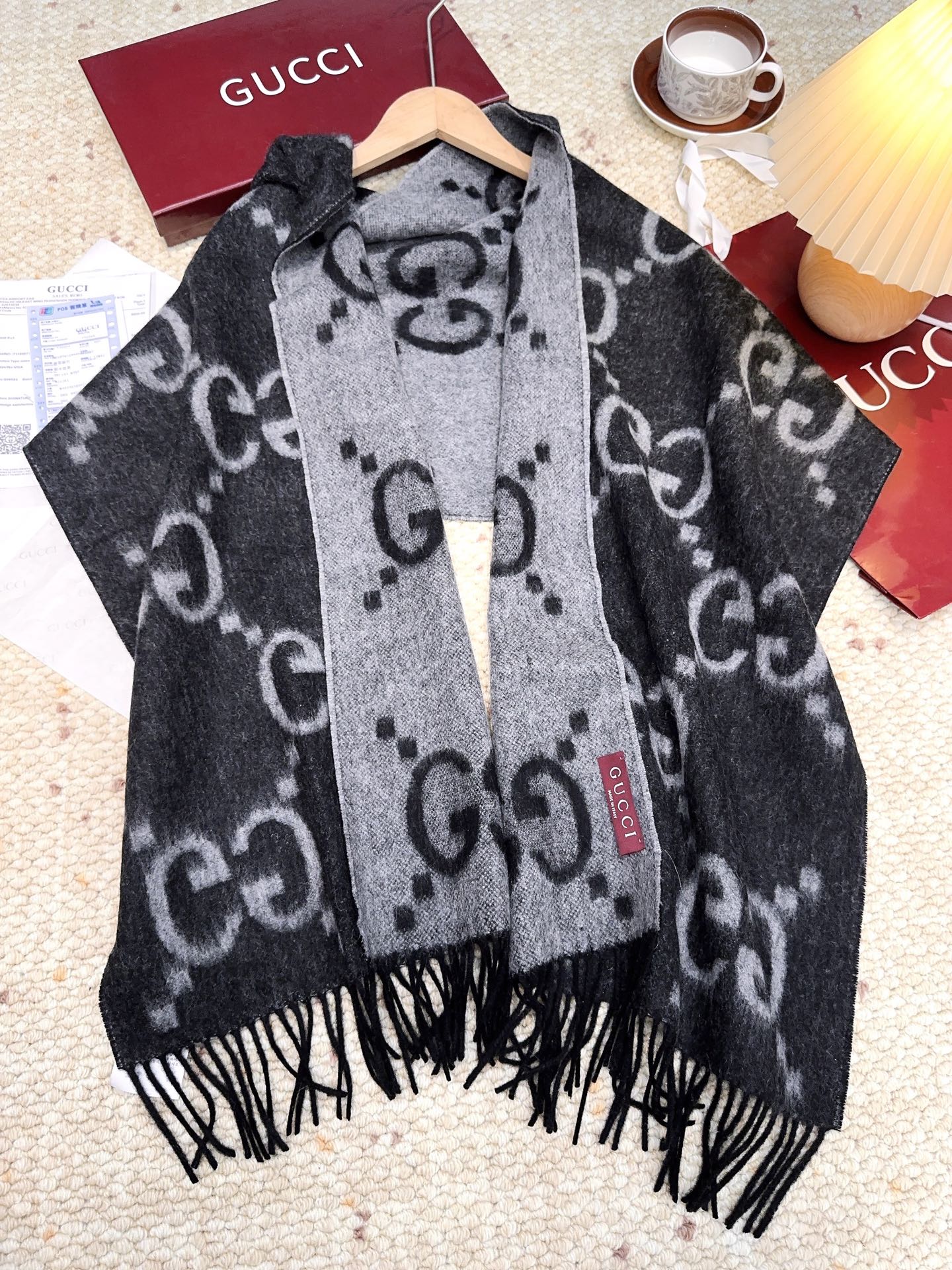 GG Double G Jacquard Scarf 200CM  Black Wool 282790