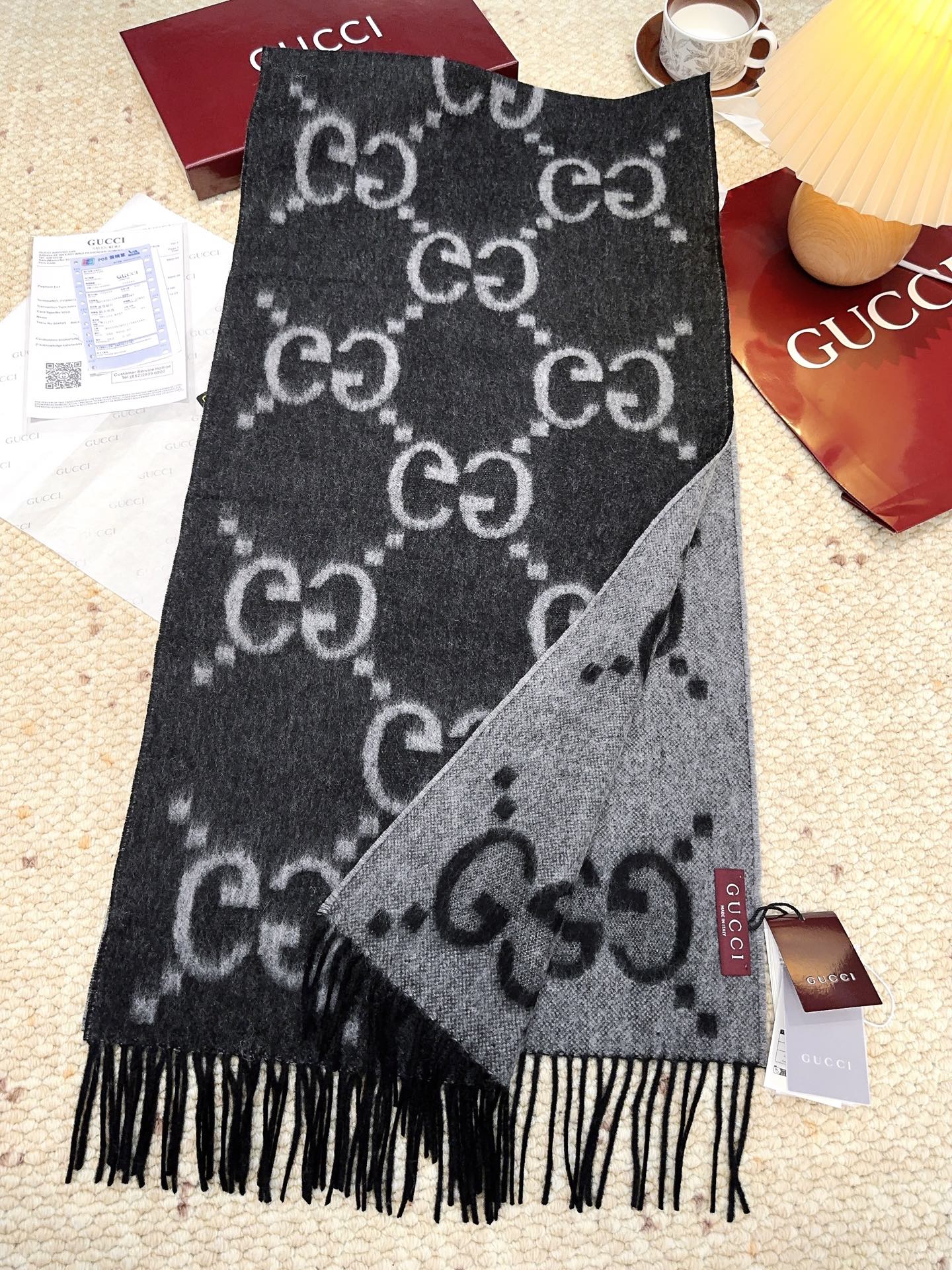 GG Double G Jacquard Scarf 200CM  Black Wool 282790