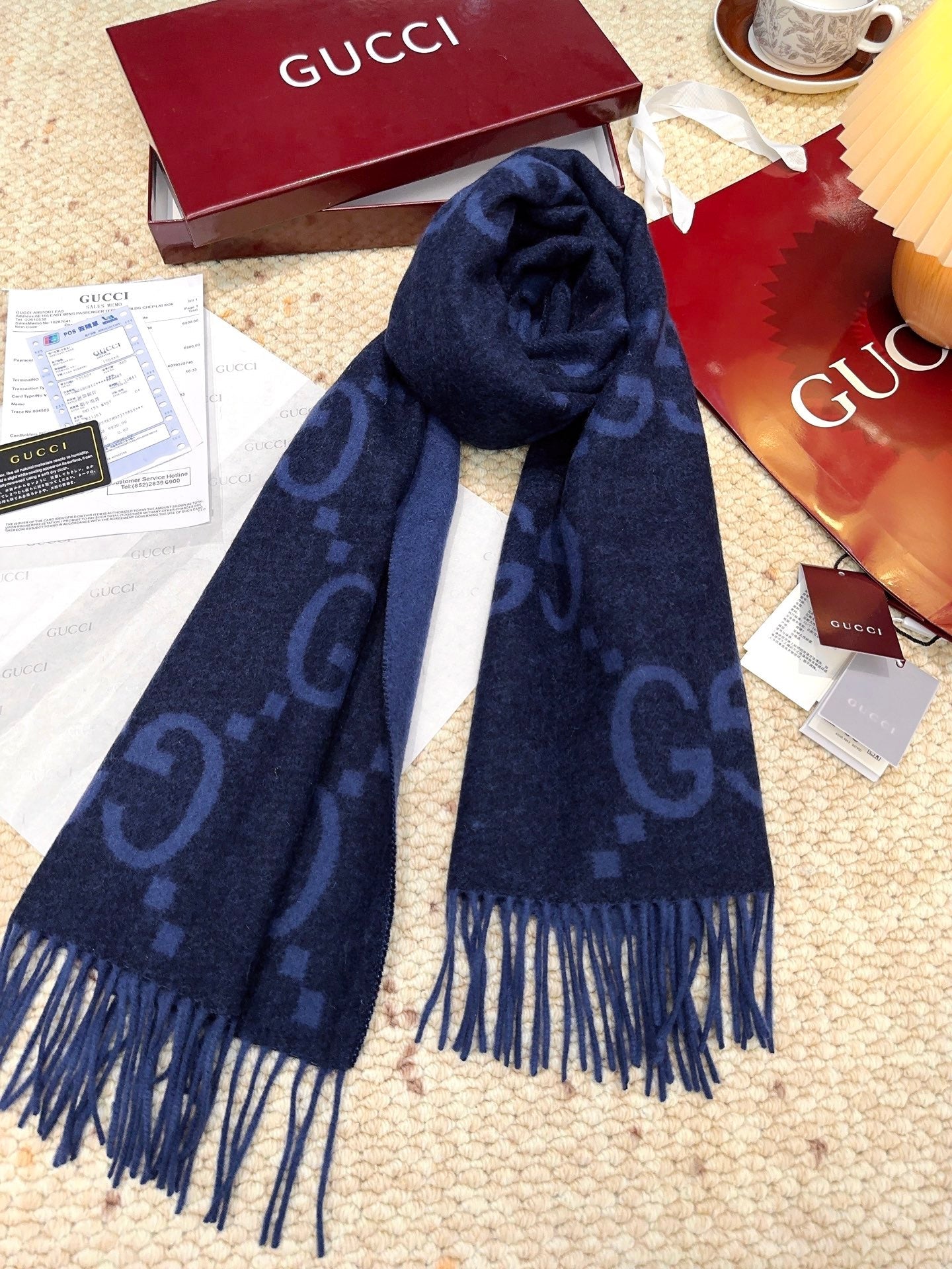 GG Double G Jacquard Scarf 200CM  Blue Black Wool 282791