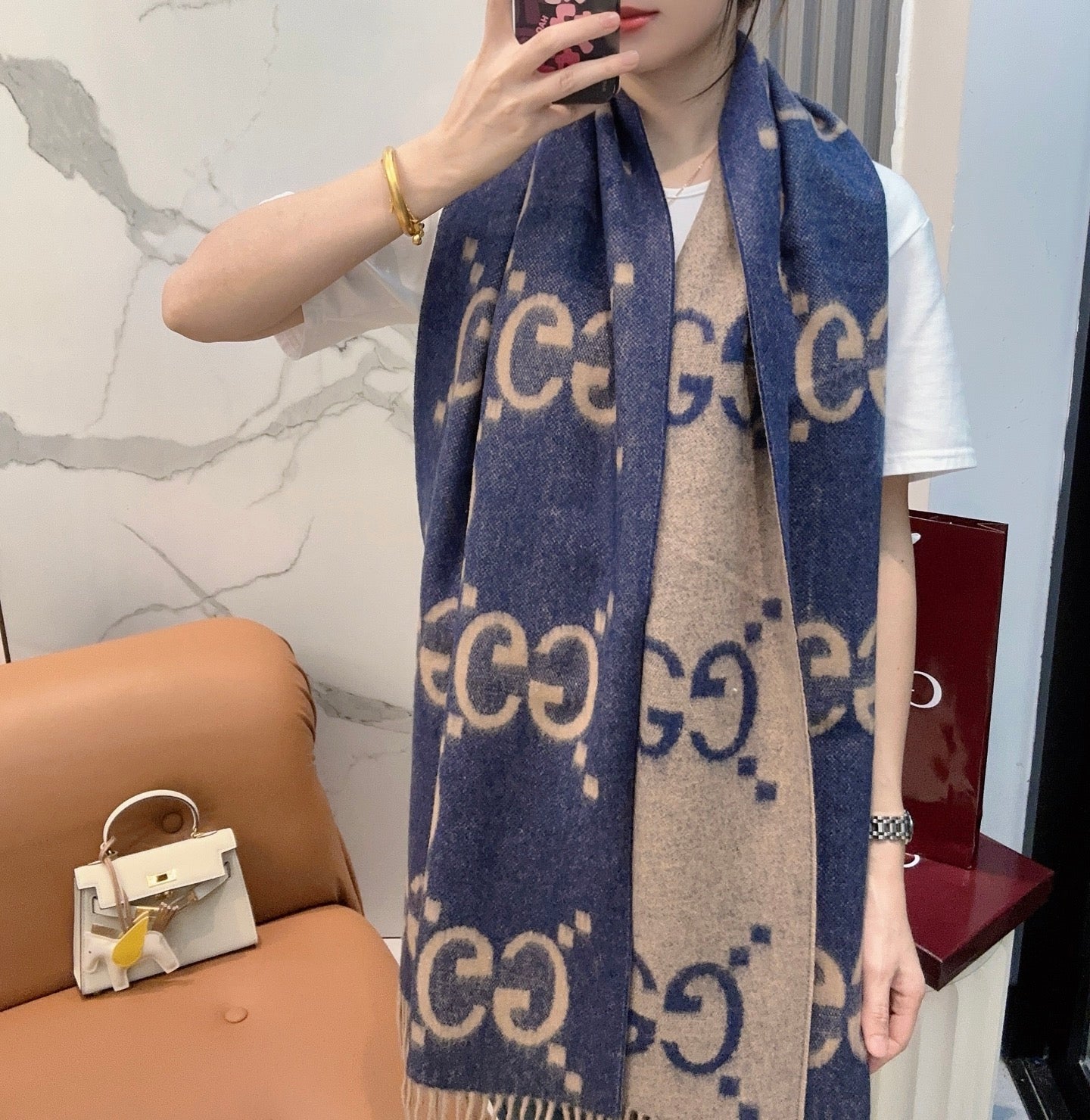 GG Double G Jacquard Scarf 200CM  Blue Beige Wool 282792