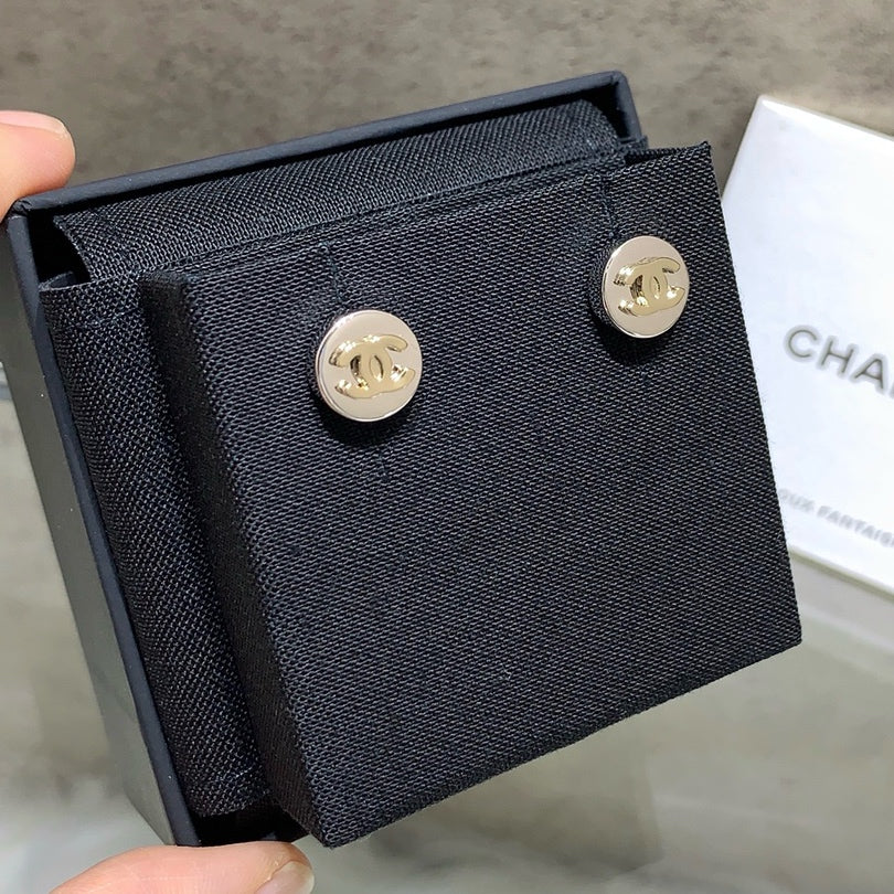 Chanel 2026 Light Gold Double C Silver Button Round Tag Earrings