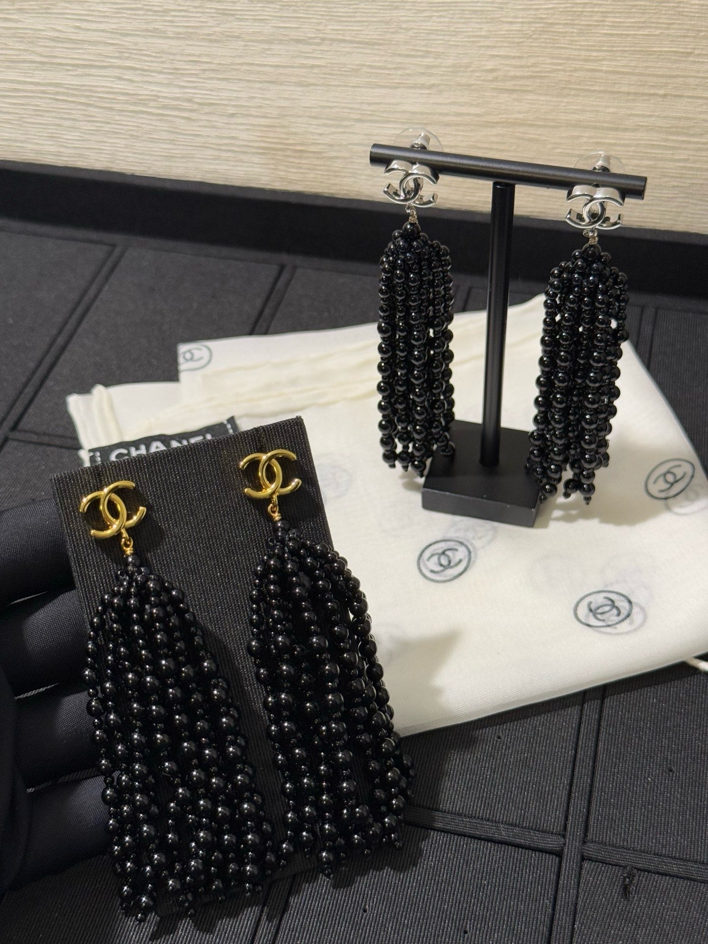 Chanel 2026 Black Beaded Tassel Earrings with Gold Double C Long Earrings