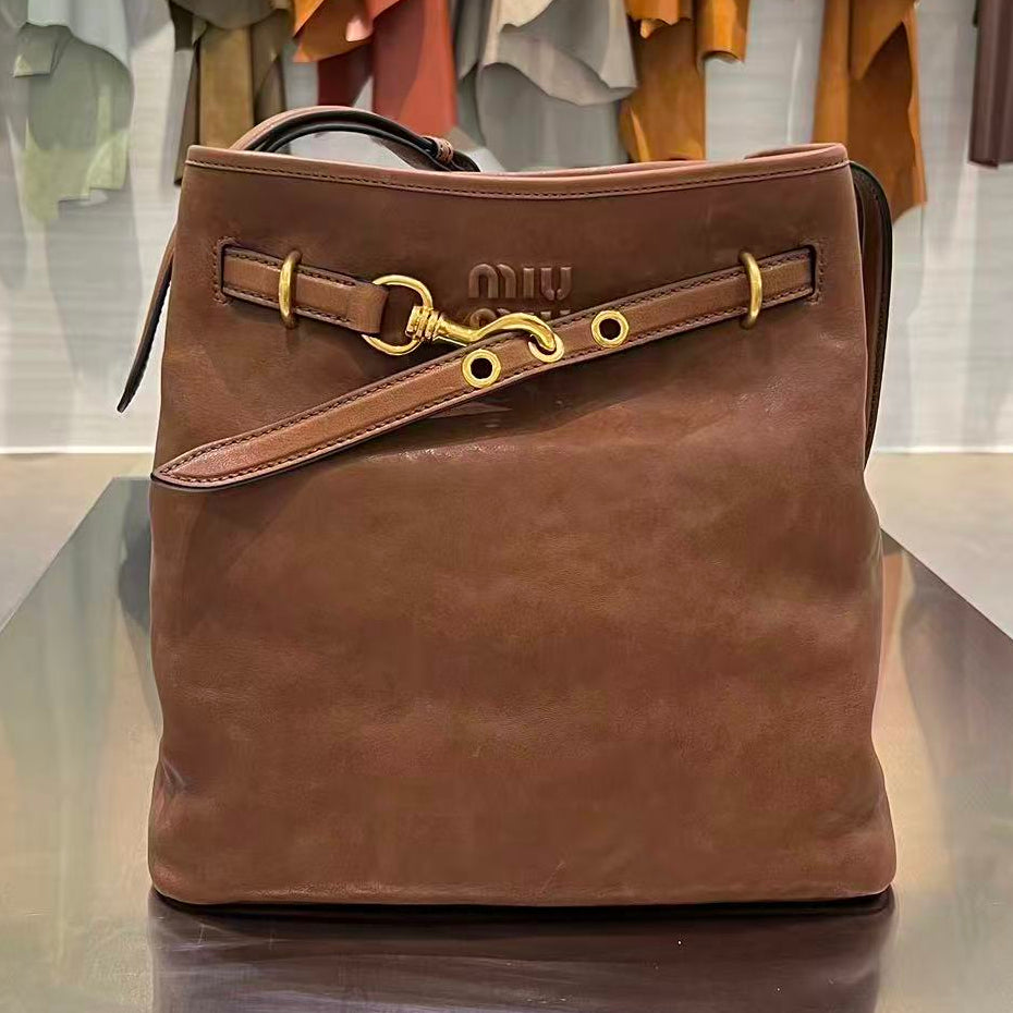 MiuMiu 2026 Aventure Bucket Bag 30cm Brown Leather